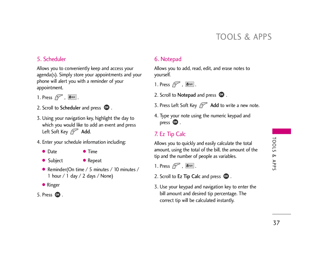 LG Electronics 210 manual Scheduler, Ez Tip Calc, Left Soft Key Add Enter your schedule information including 