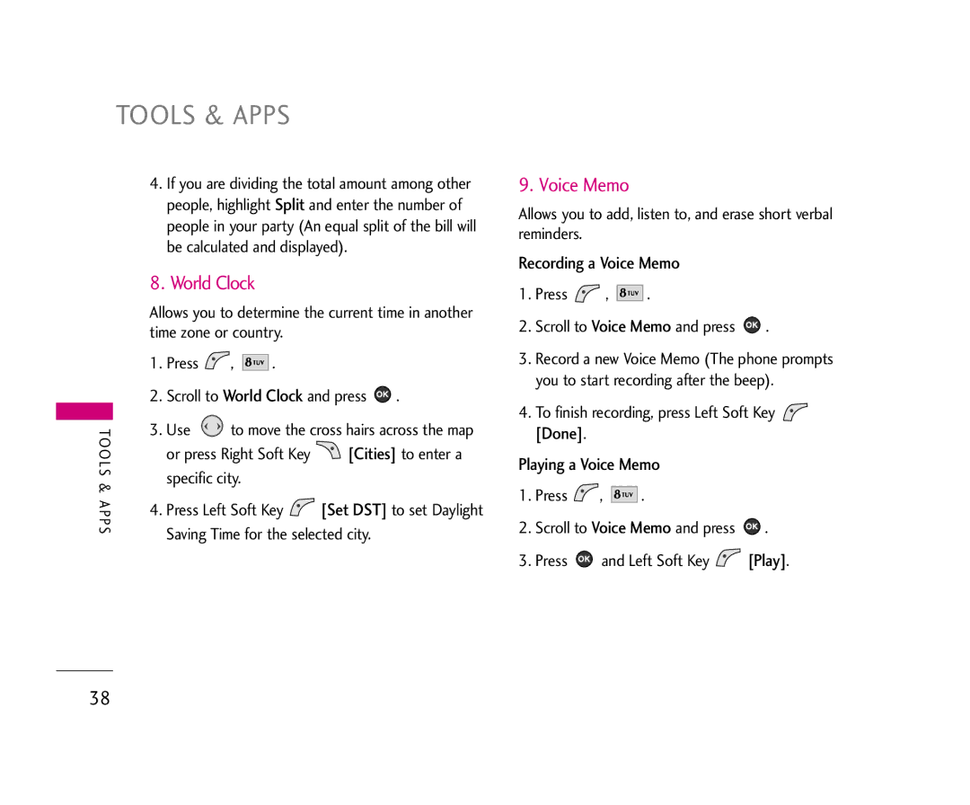 LG Electronics 210 manual World Clock, Recording a Voice Memo, Playing a Voice Memo 