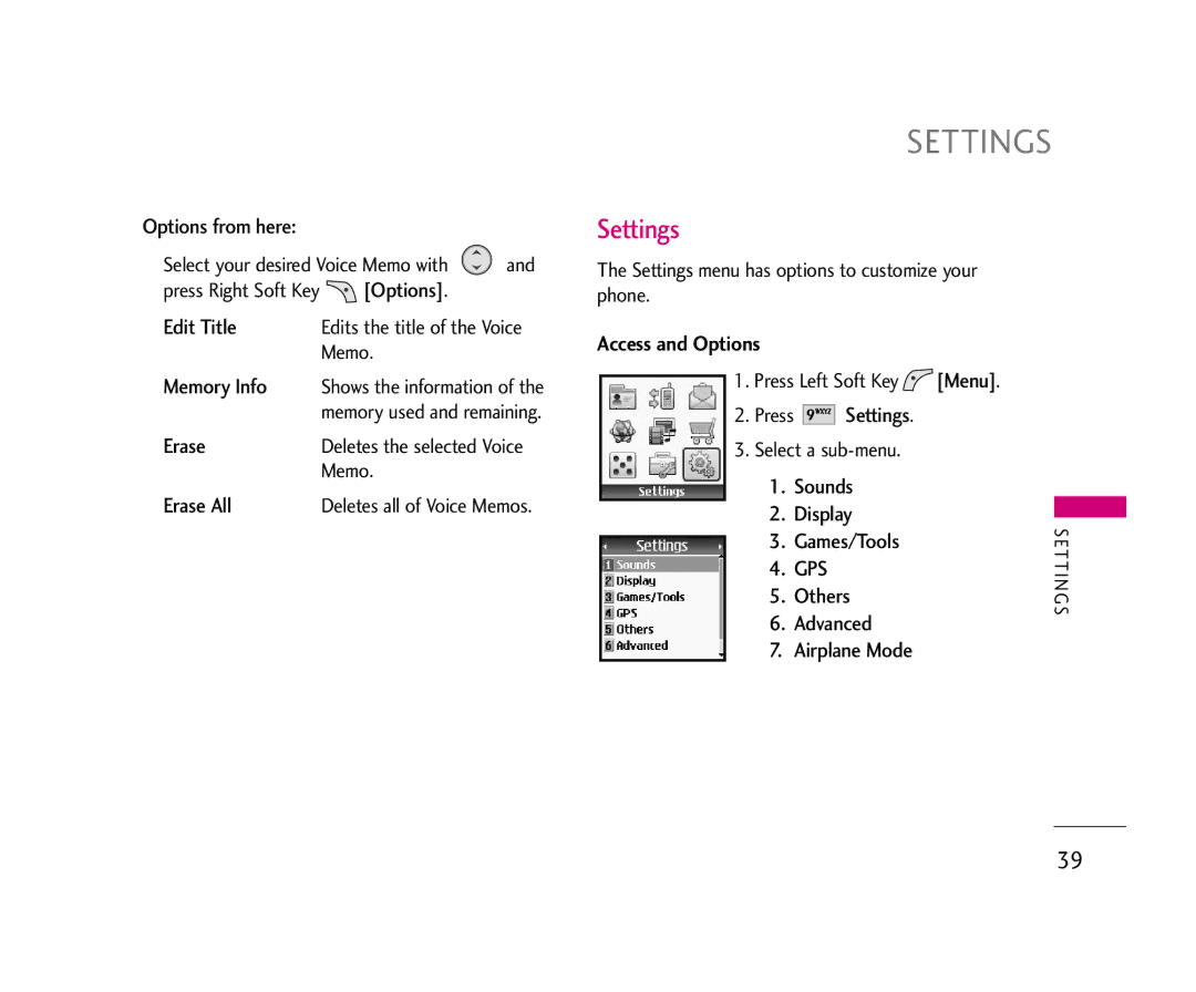 LG Electronics 210 manual Settings 