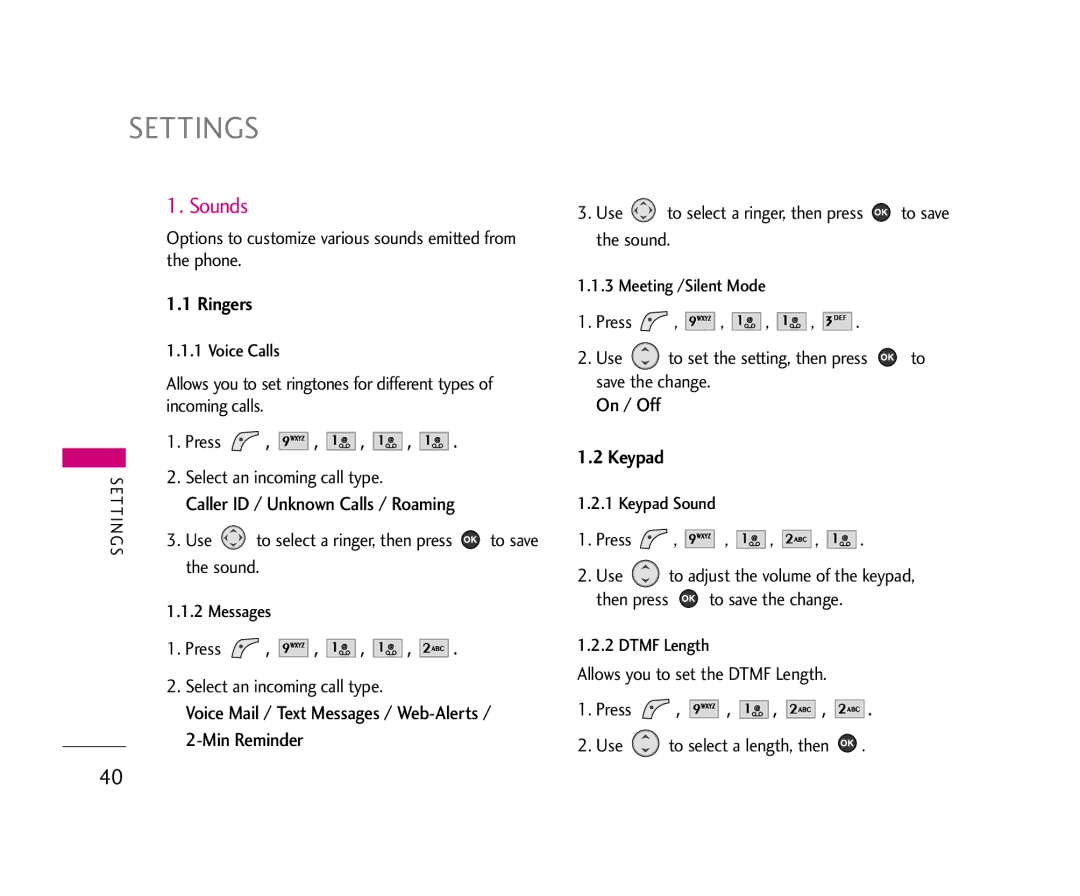 LG Electronics 210 manual Sounds, Ringers, Keypad 