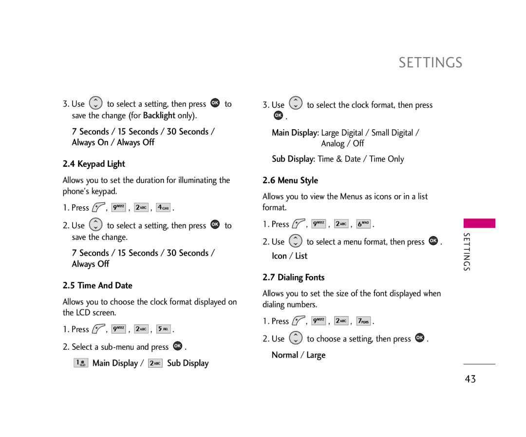 LG Electronics 210 manual Keypad Light, Time And Date, Menu Style, Dialing Fonts 