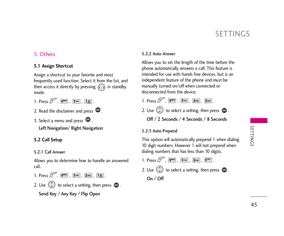 LG Electronics 210 manual Others, Assign Shortcut, Left Navigation/ Right Navigation, Call Setup 