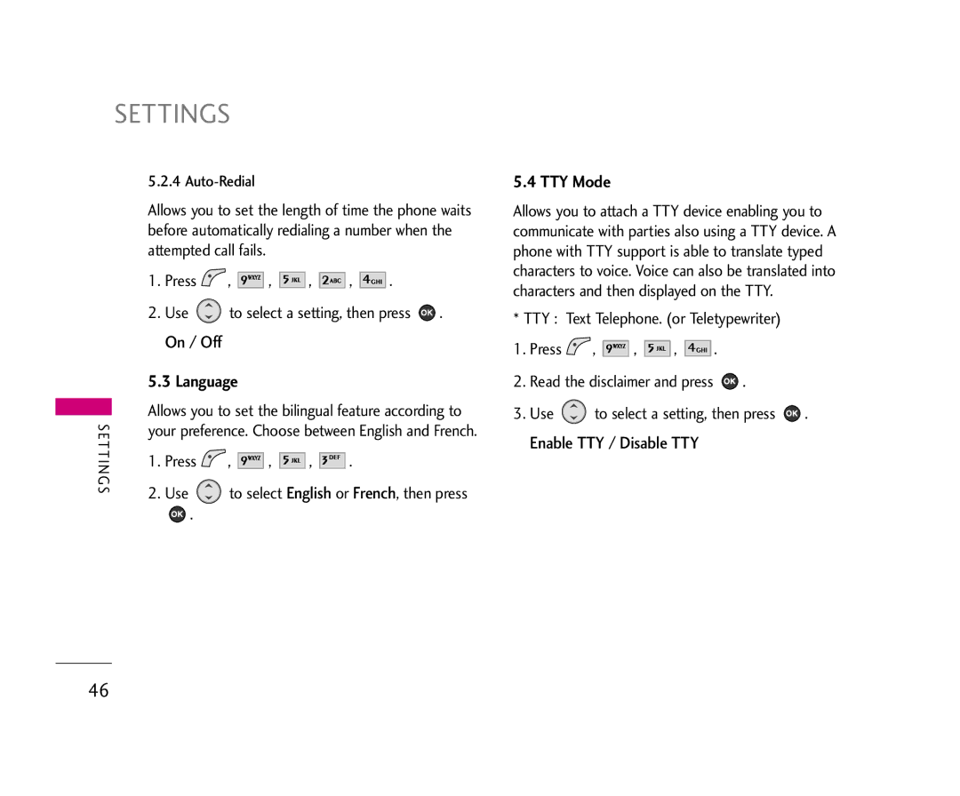 LG Electronics 210 manual Language, TTY Mode 