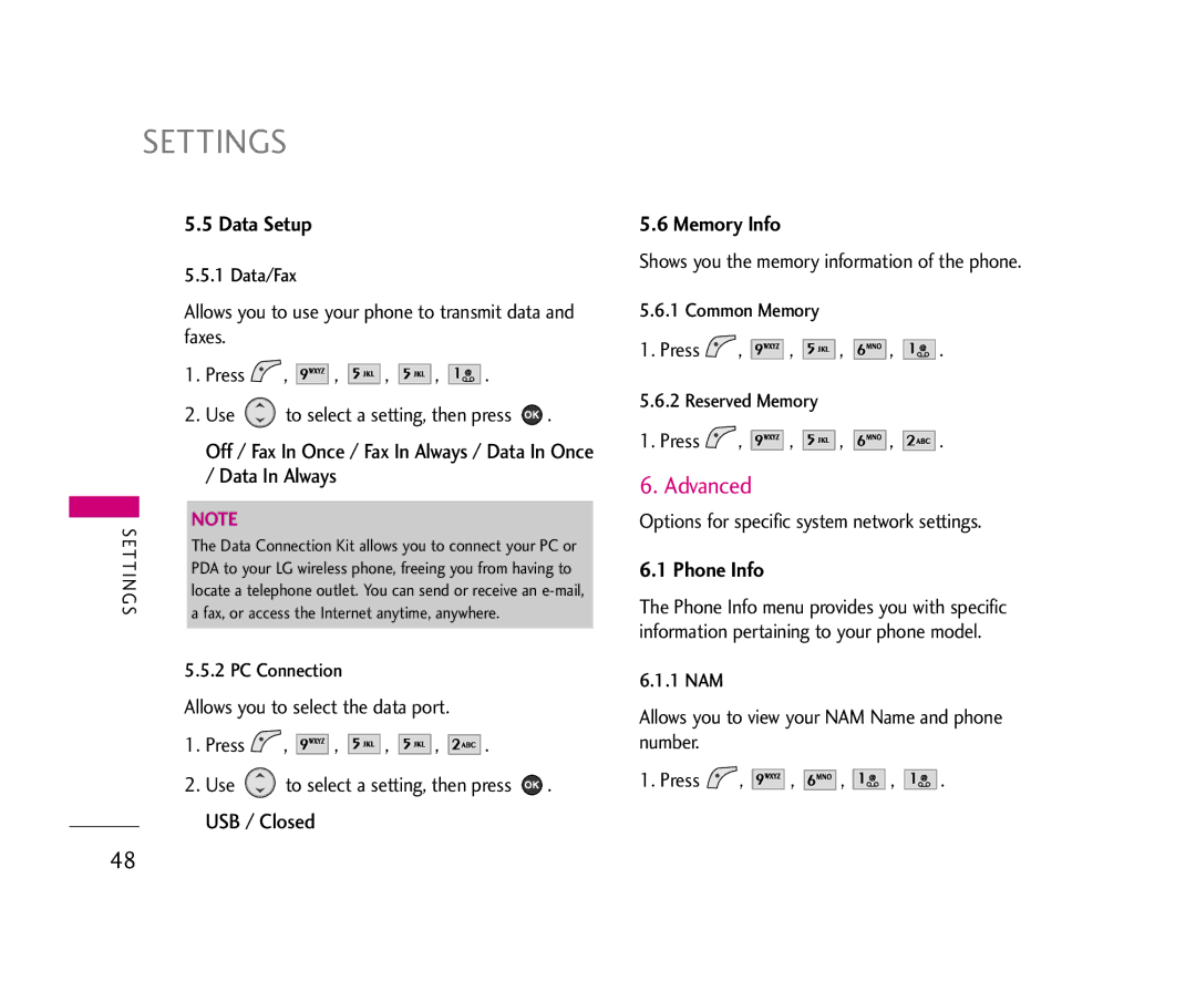 LG Electronics 210 manual Advanced, Data Setup, USB / Closed, Memory Info, Phone Info 