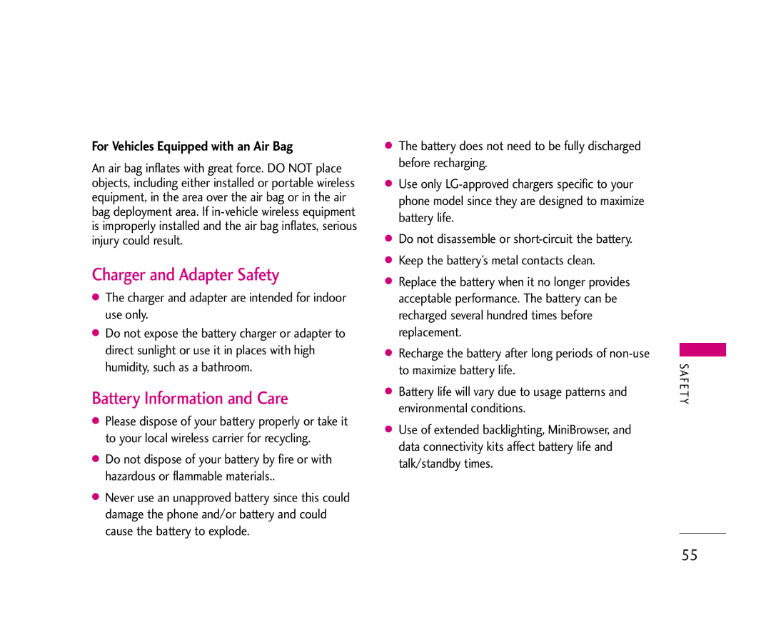 LG Electronics 210 manual Charger and Adapter Safety, Battery Information and Care, For Vehicles Equipped with an Air Bag 