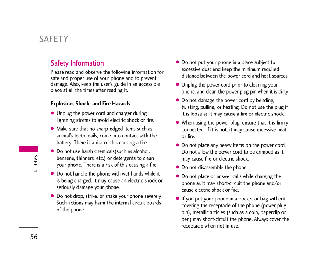 LG Electronics 210 Safety Information, Explosion, Shock, and Fire Hazards, Unplug the power cord and charger during, Phone 