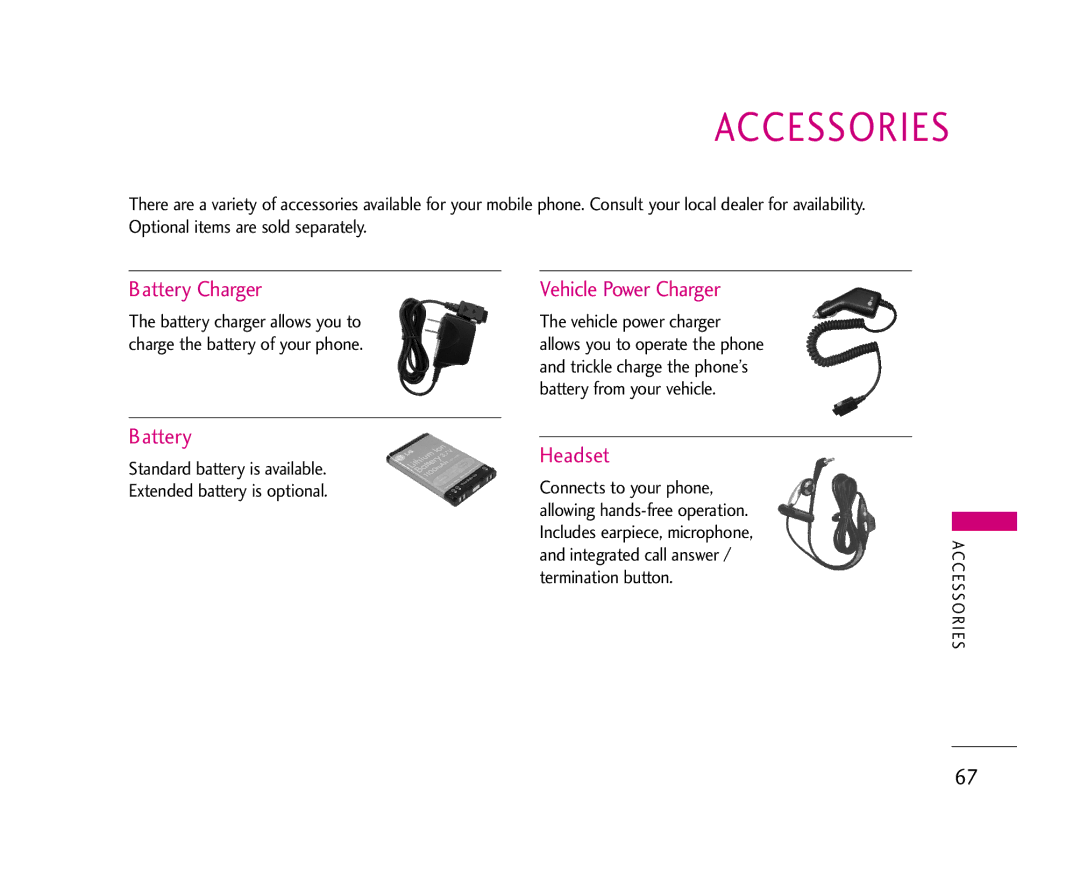 LG Electronics 210 manual Accessories, Battery Charger, Vehicle Power Charger, Headset 