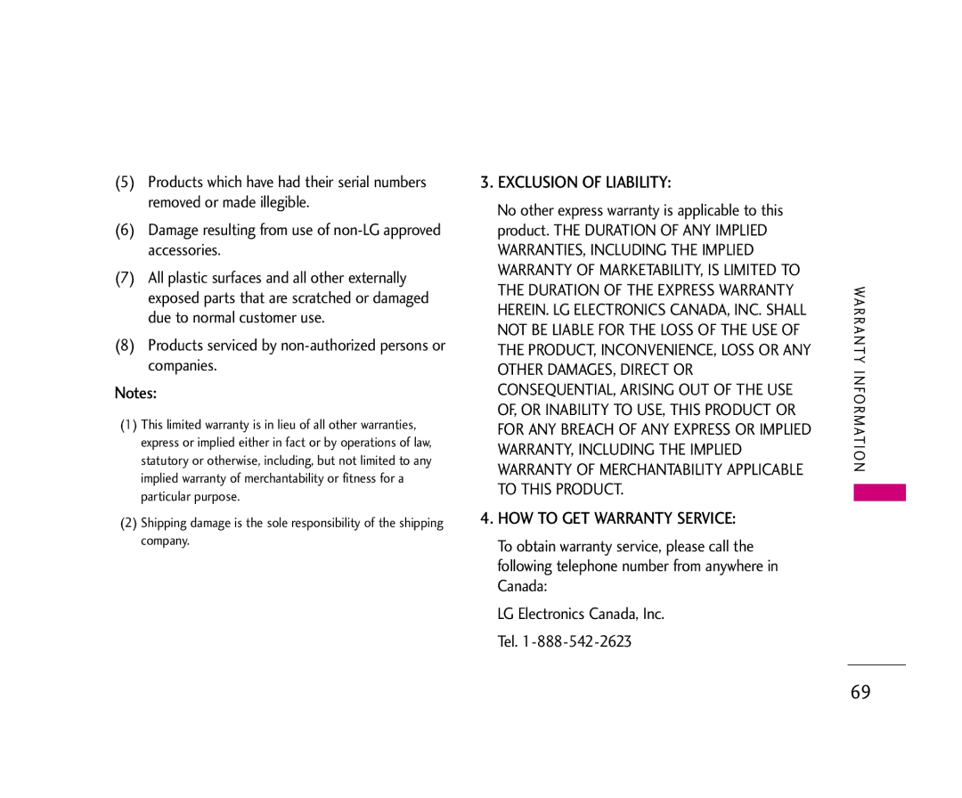 LG Electronics 210 manual Products serviced by non-authorized persons or companies, LG Electronics Canada, Inc. Tel 