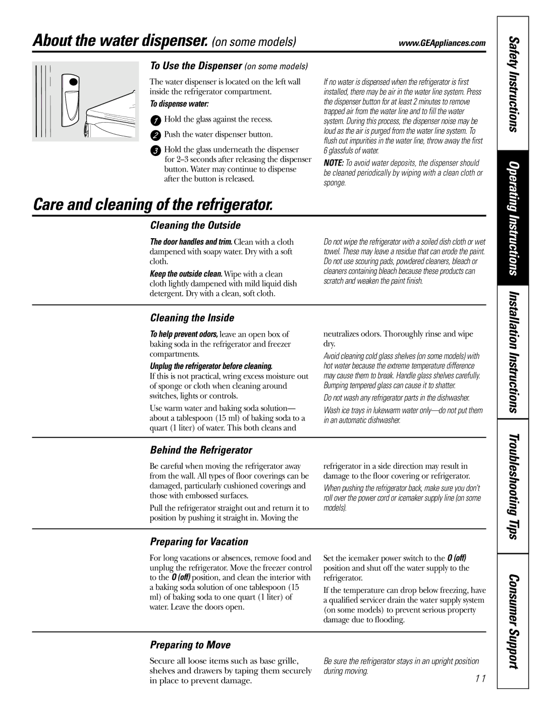 LG Electronics 25 About the water dispenser. on some models, Care and cleaning of the refrigerator, Instructions Operating 