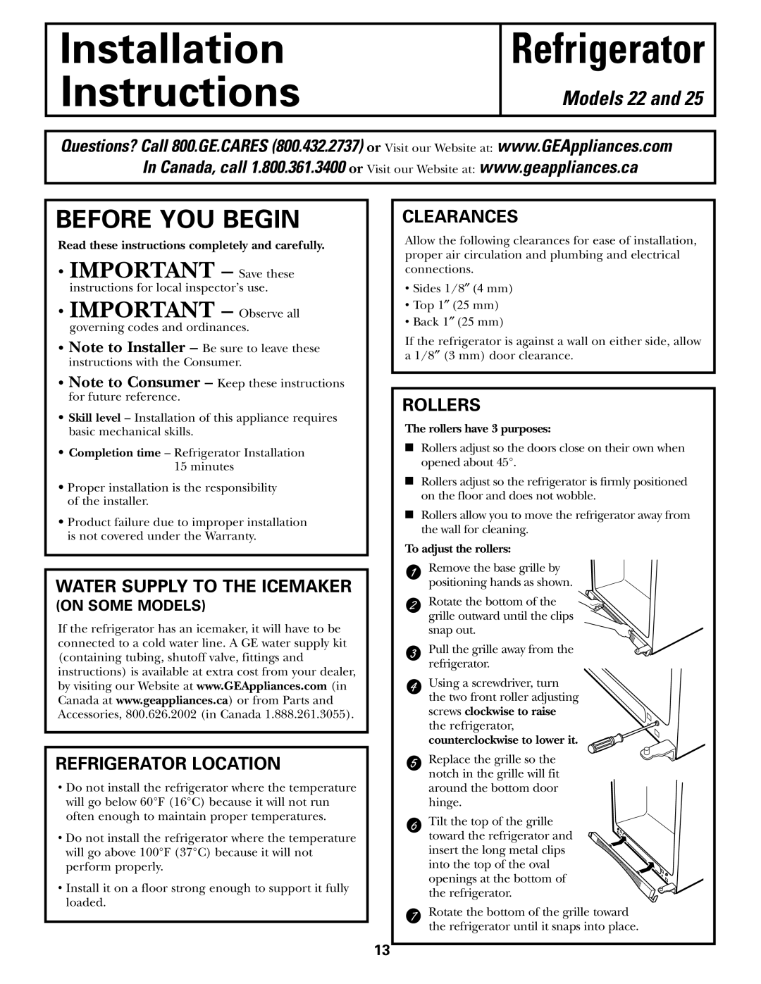 LG Electronics 25, 22 owner manual Water Supply to the Icemaker, Refrigerator Location, Clearances, Rollers 