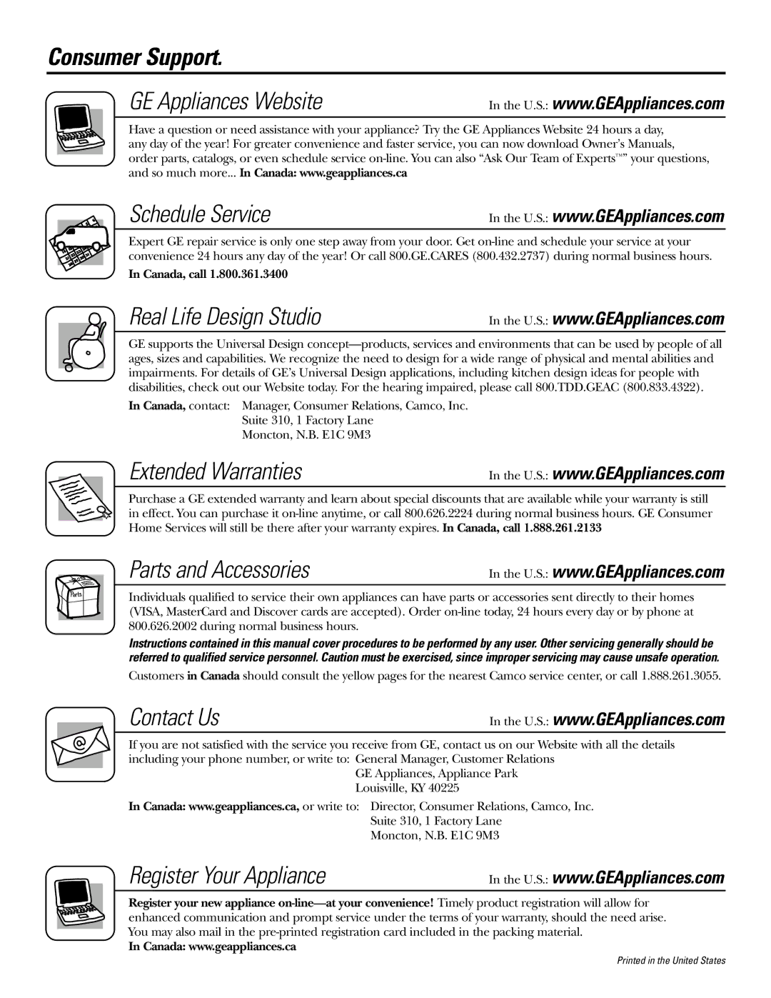 LG Electronics 22, 25 owner manual Consumer Support, GE Appliances Website Schedule Service 