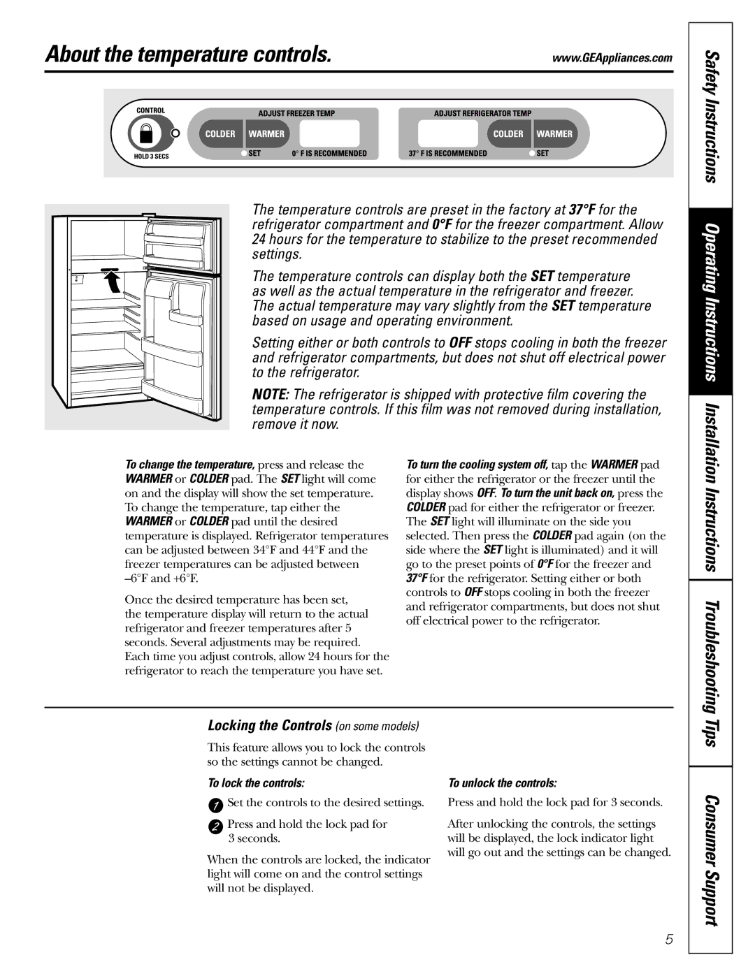 LG Electronics 25, 22 owner manual About the temperature controls, Safety Instructions Operating Instructions Installation 