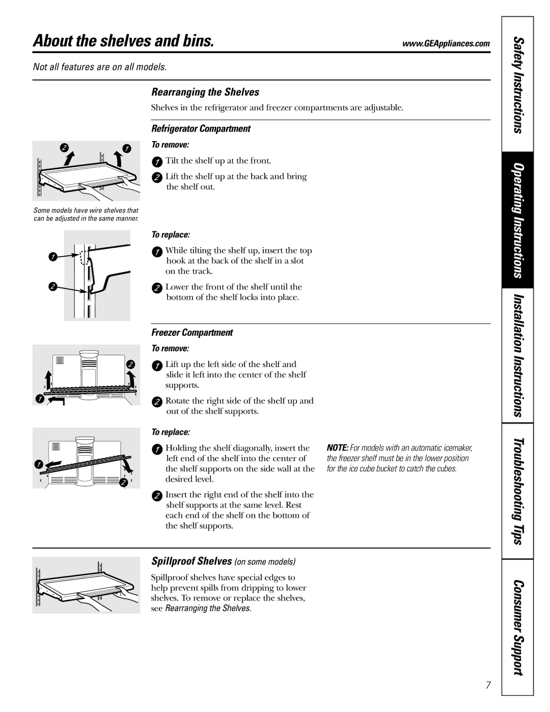 LG Electronics 25, 22 owner manual About the shelves and bins, Rearranging the Shelves, Spillproof Shelves on some models 