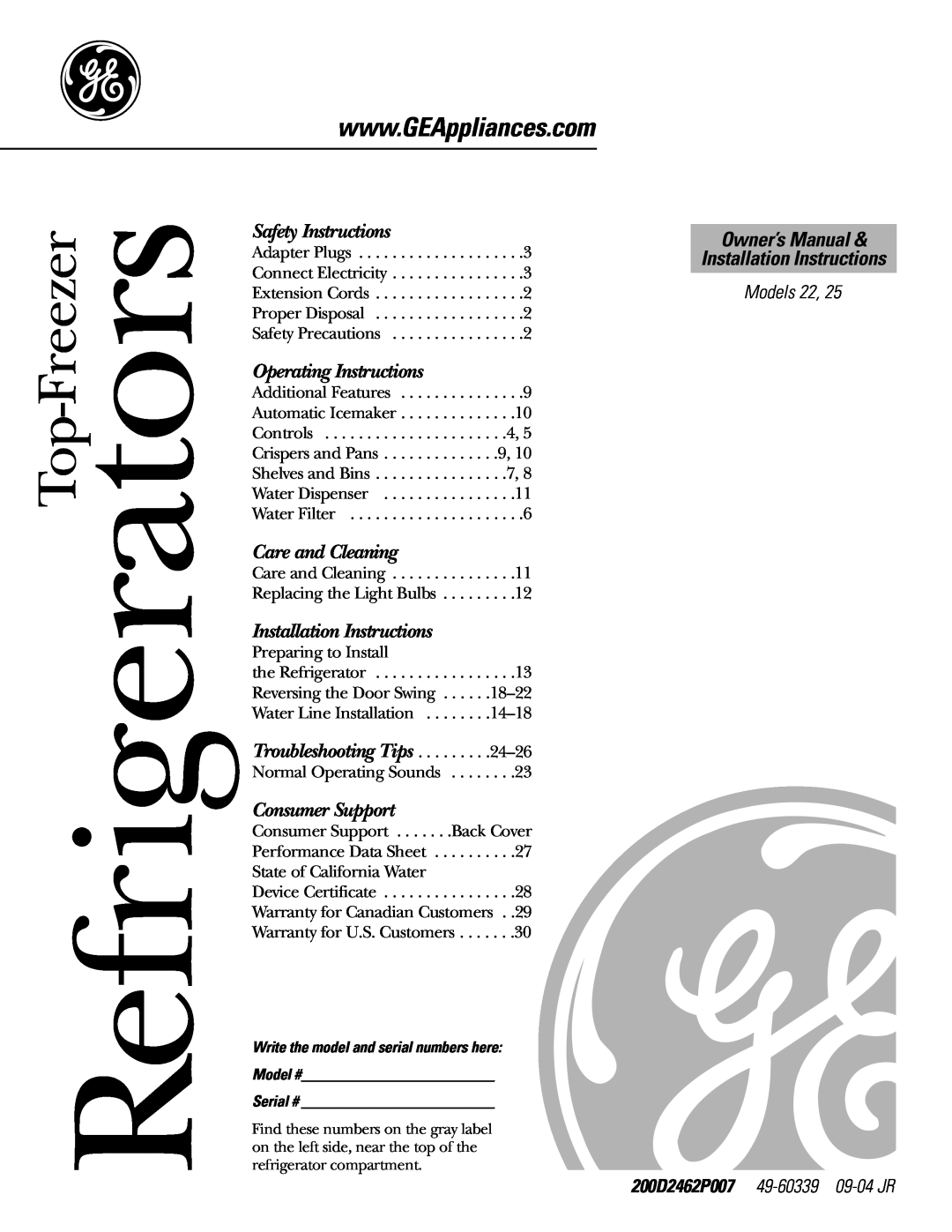 LG Electronics 25, 22 owner manual Refrigerators, Safety Instructions, Operating Instructions, Care and Cleaning 