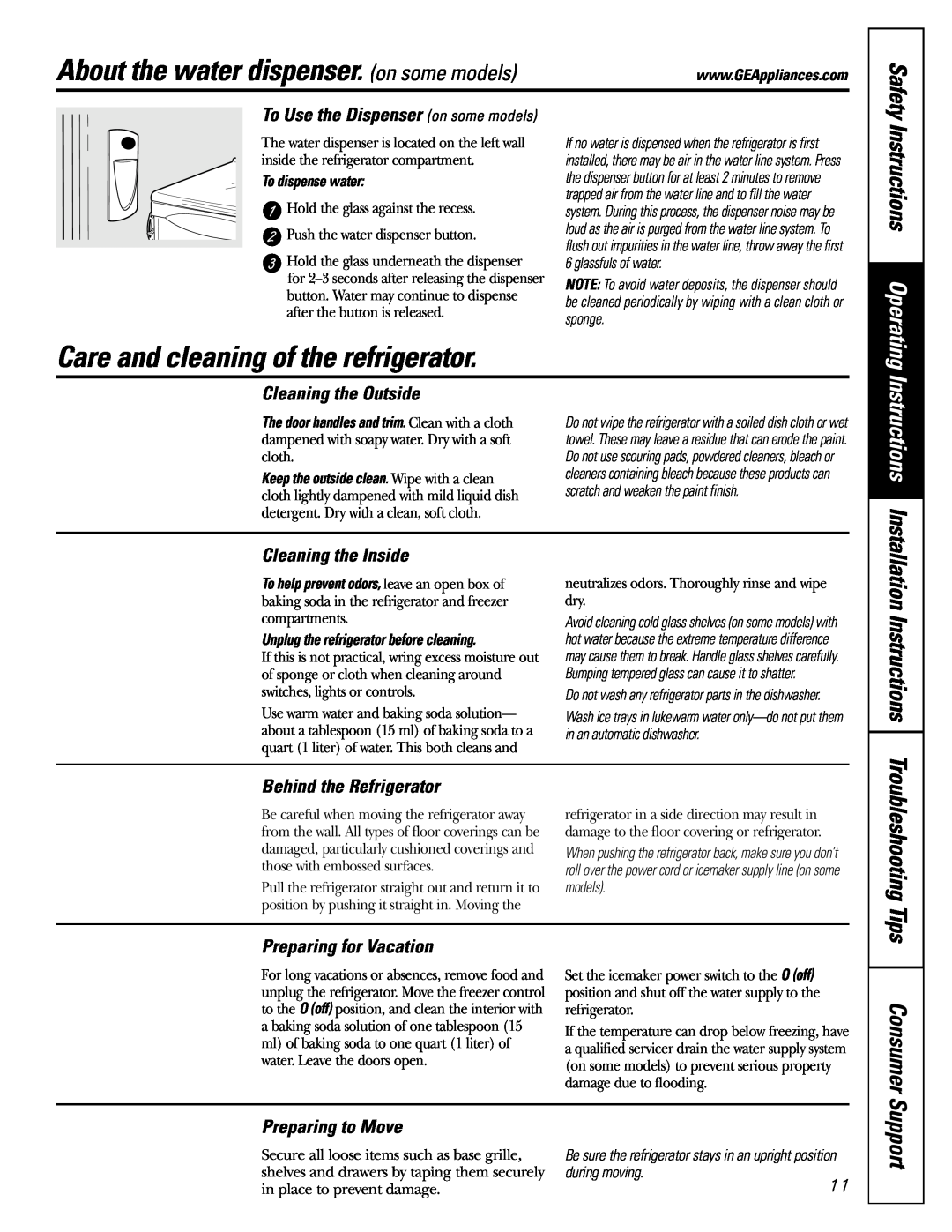 LG Electronics 25 About the water dispenser. on some models, Care and cleaning of the refrigerator, Instructions, Support 