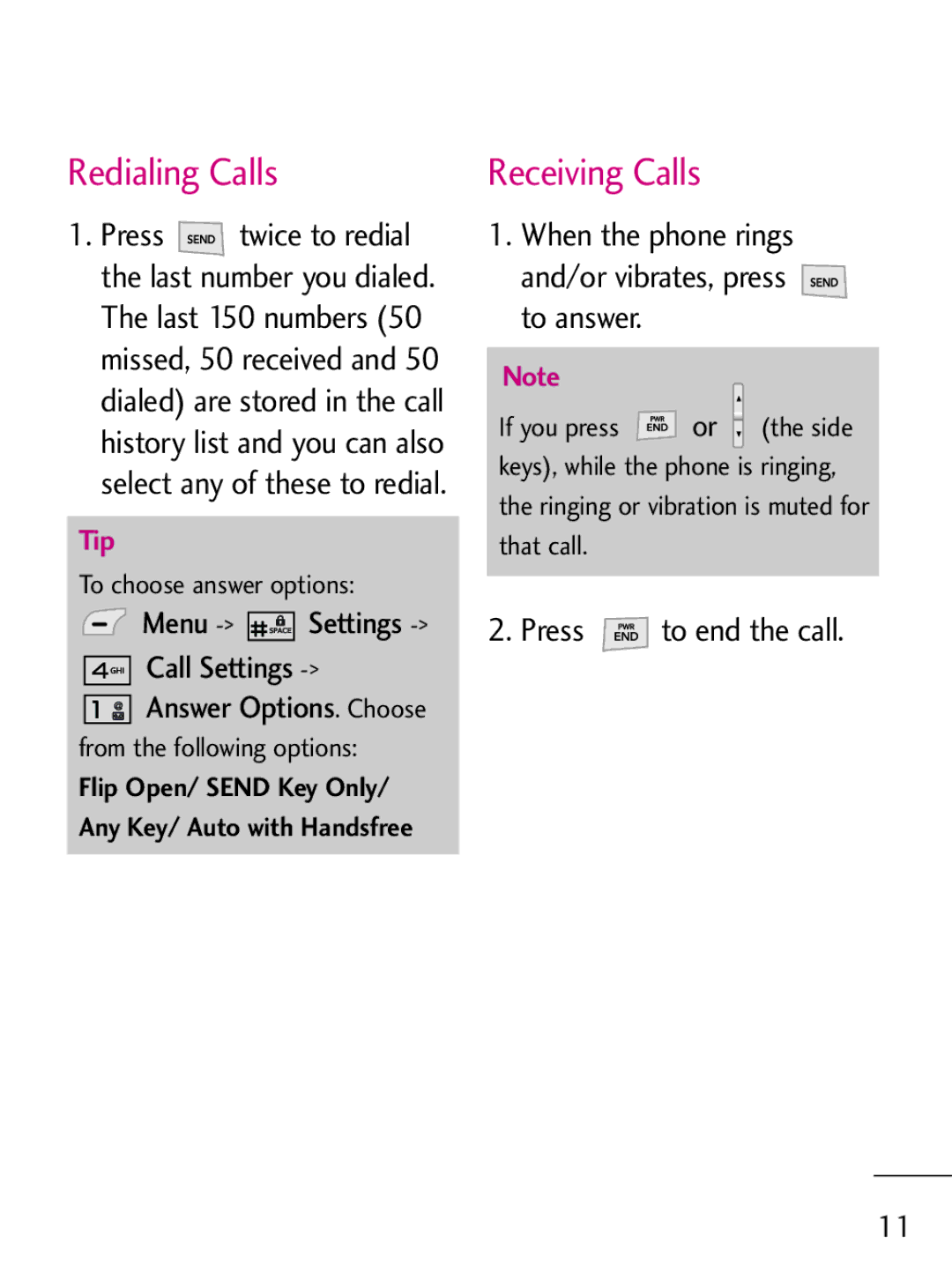 LG Electronics 221C manual Redialing Calls, Receiving Calls, Menu -Settings -Call Settings 