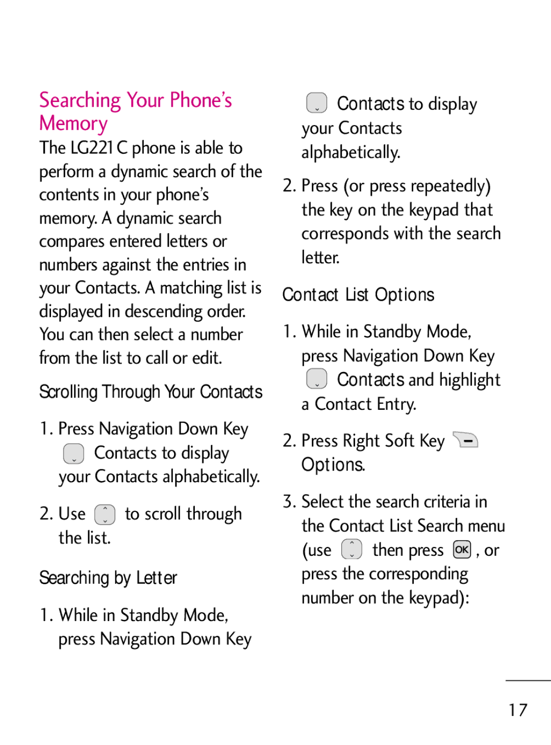 LG Electronics 221C Searching Your Phone’s Memory, Contacts to display your Contacts alphabetically, Contact List Options 