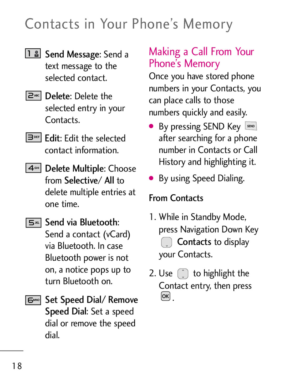 LG Electronics 221C manual From / to delete multiple entries at one time, By using Speed Dialing. From Contacts 