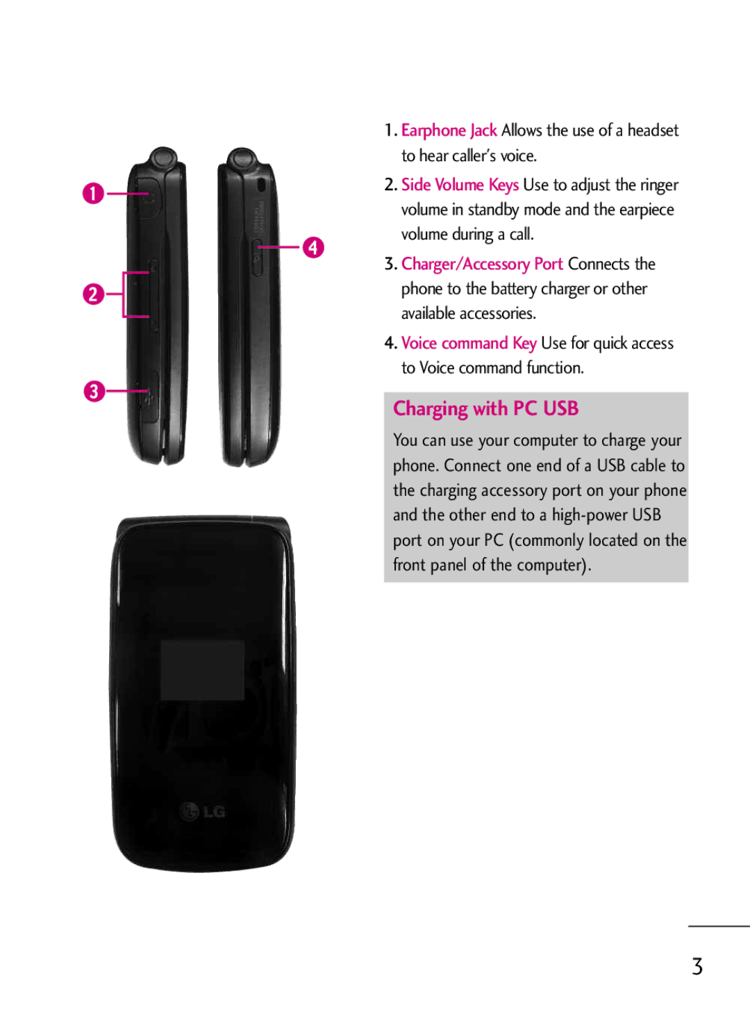 LG Electronics 221C manual Charging with PC USB 