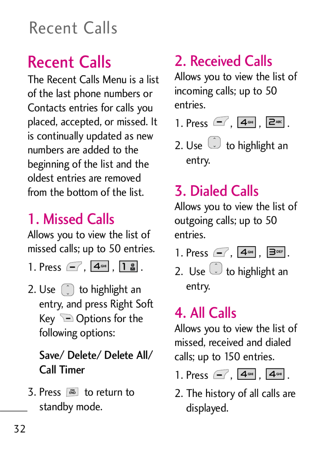 LG Electronics 221C manual Recent Calls 