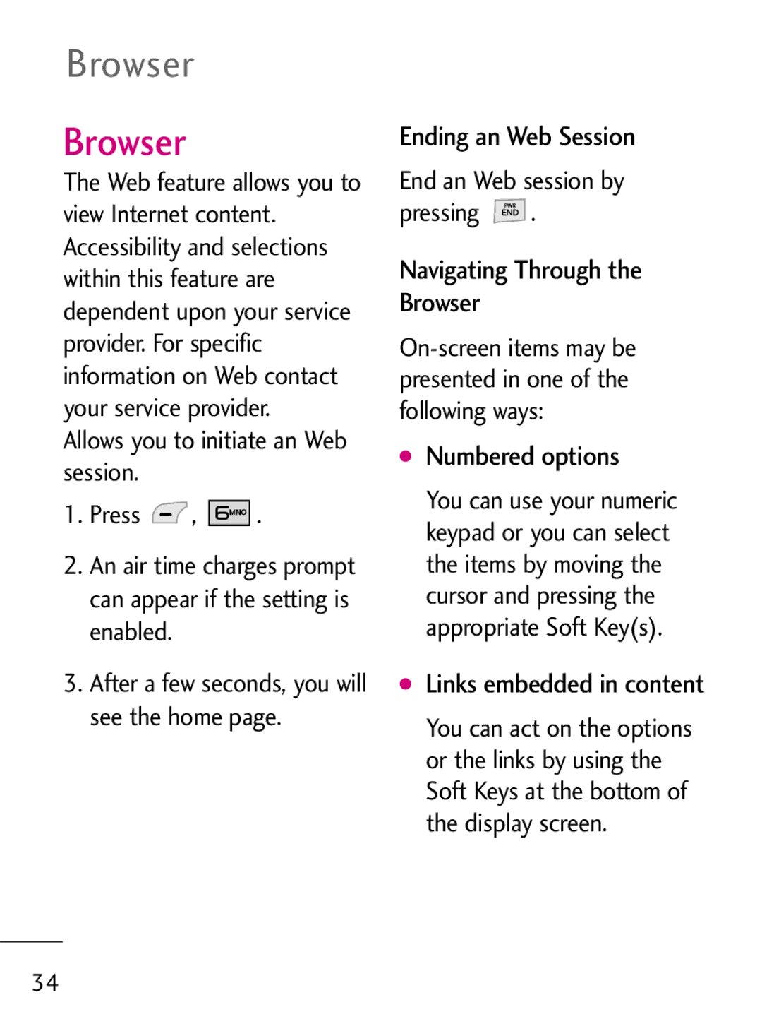 LG Electronics 221C manual Ending an Web Session, Navigating Through the Browser, Numbered options 