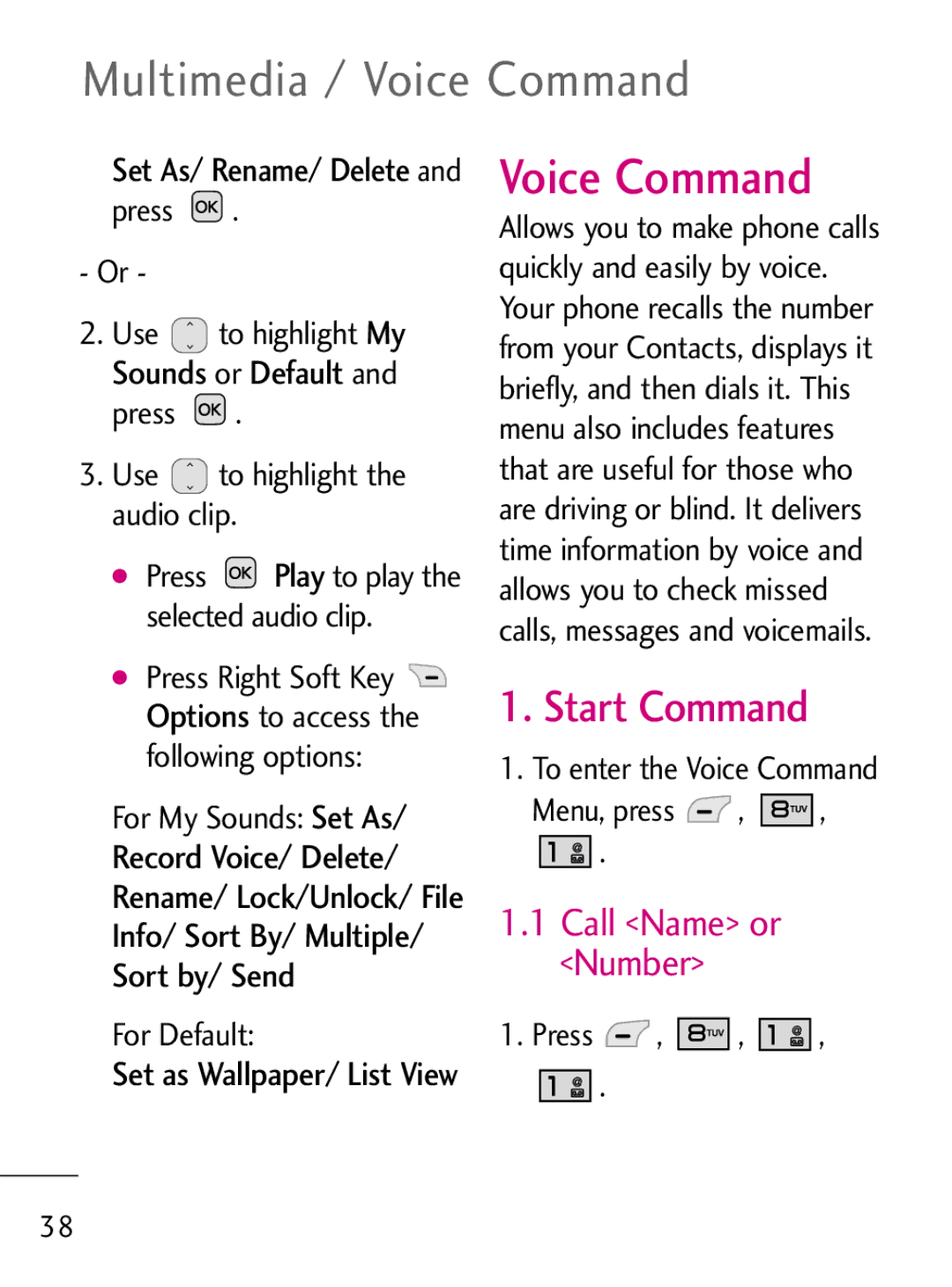 LG Electronics 221C manual Multimedia / Voice Command, Start Command, Call Name or Number 