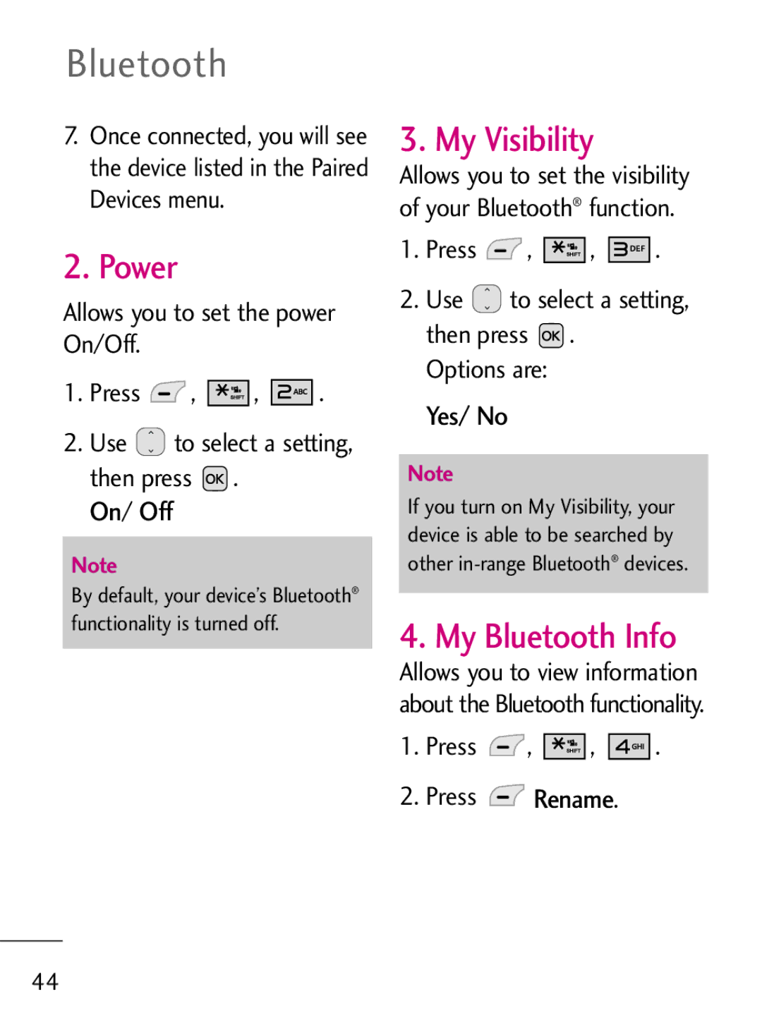 LG Electronics 221C manual My Visibility, Power, My Bluetooth Info, On Off 