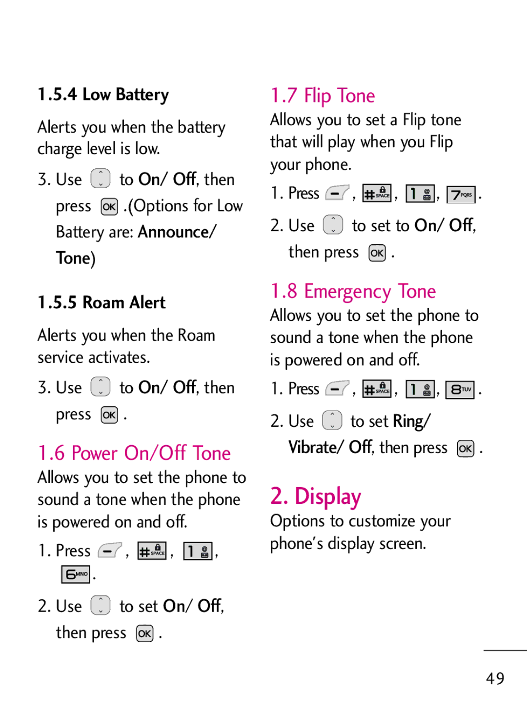 LG Electronics 221C manual Display, Power On/Off Tone, Flip Tone, Emergency Tone 