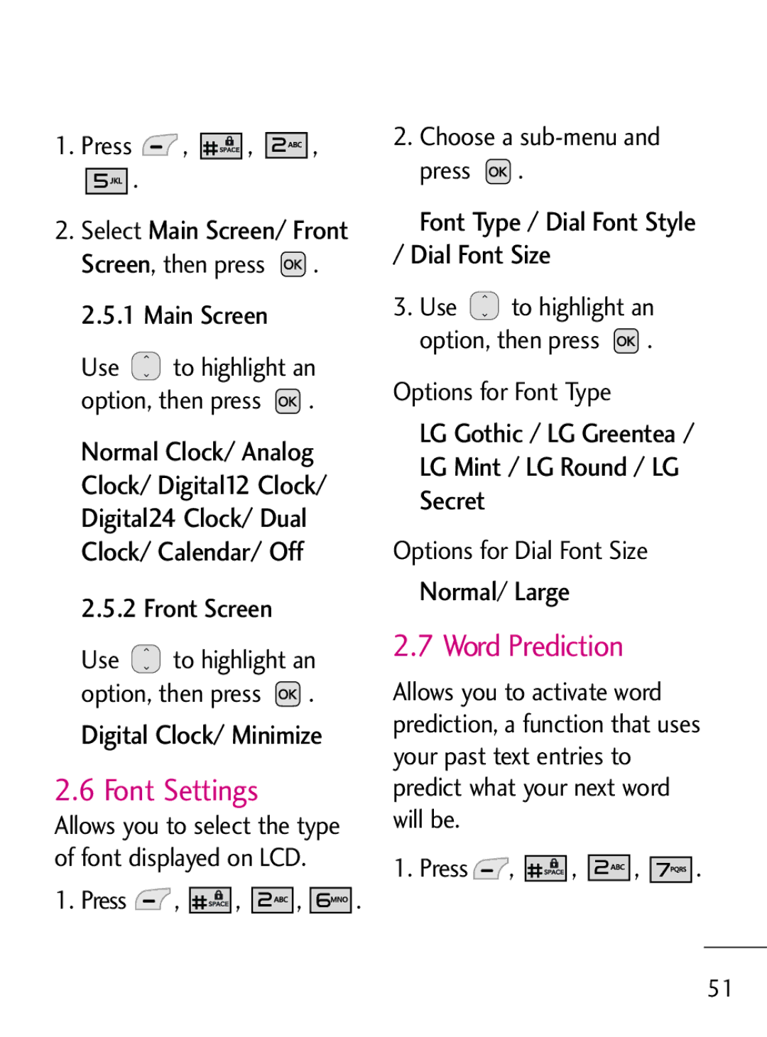 LG Electronics 221C manual Font Settings, Word Prediction, Font Type / Dial Font Style / Dial Font Size 