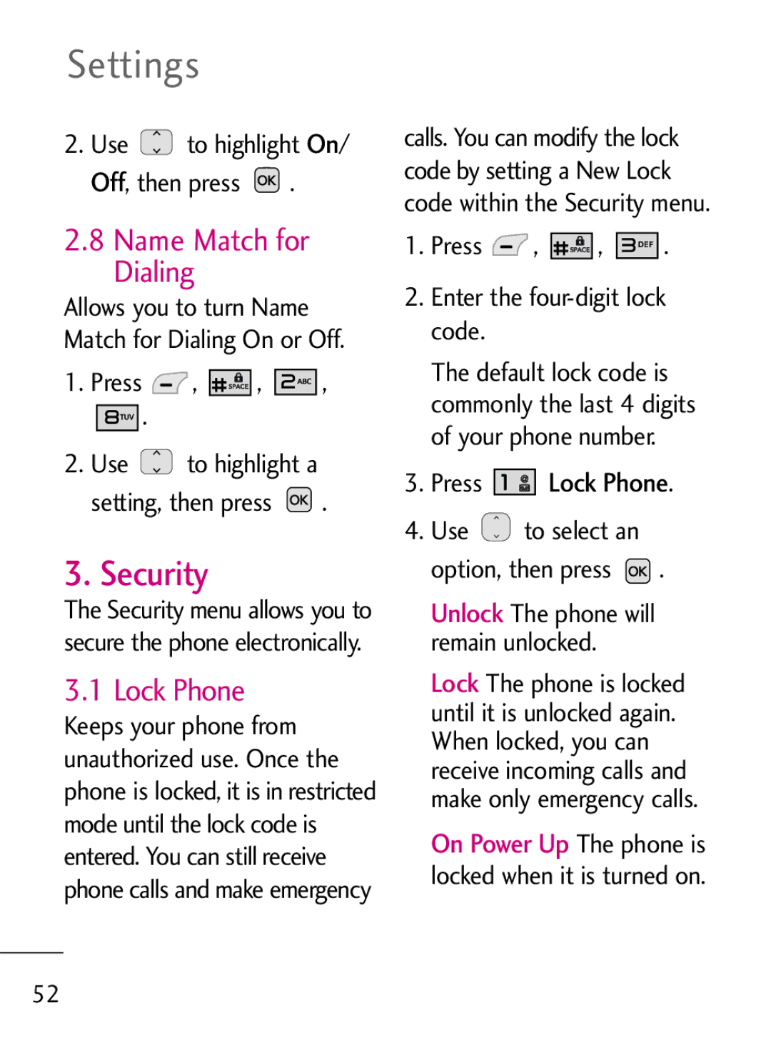 LG Electronics 221C manual Security, Name Match for Dialing, Press Lock Phone 