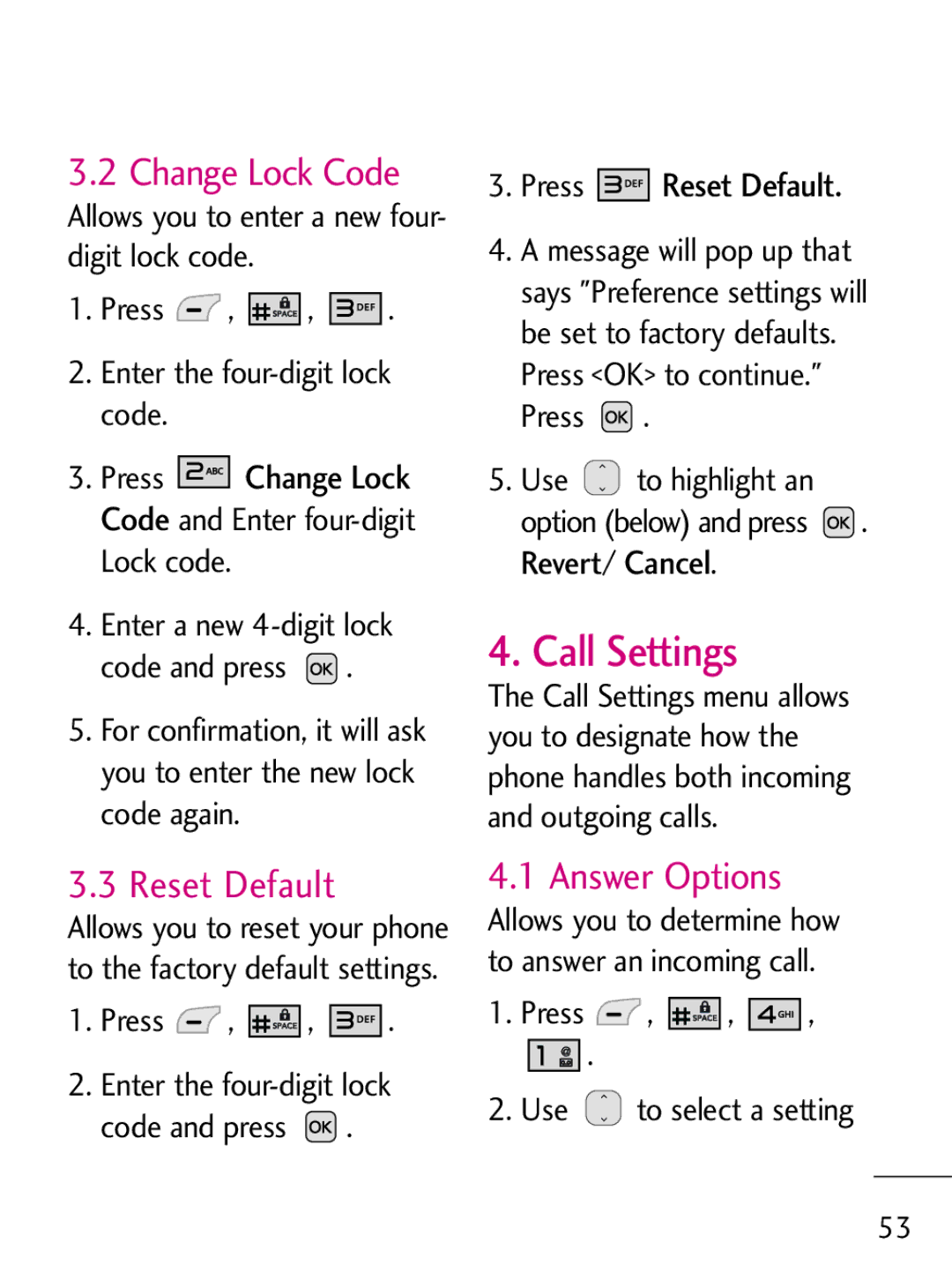 LG Electronics 221C manual Call Settings, Change Lock Code, Reset Default, Answer Options 