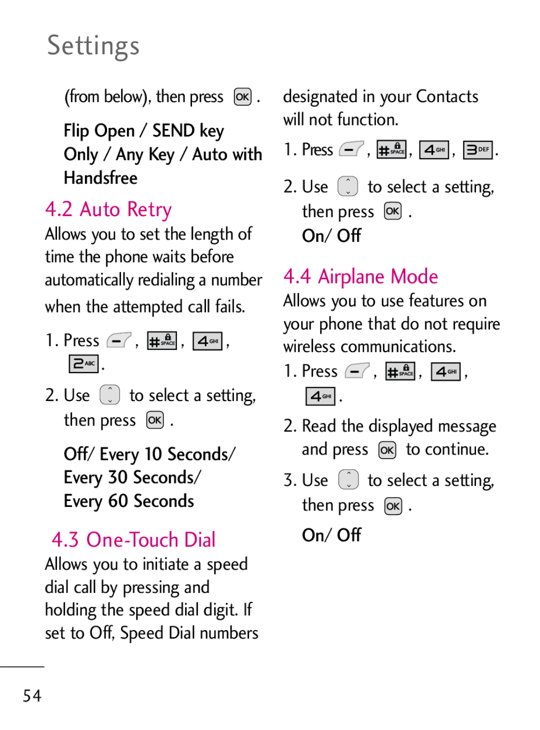 LG Electronics 221C manual Auto Retry, One-Touch Dial, Airplane Mode, Use to select a setting Then press . On/ Off 