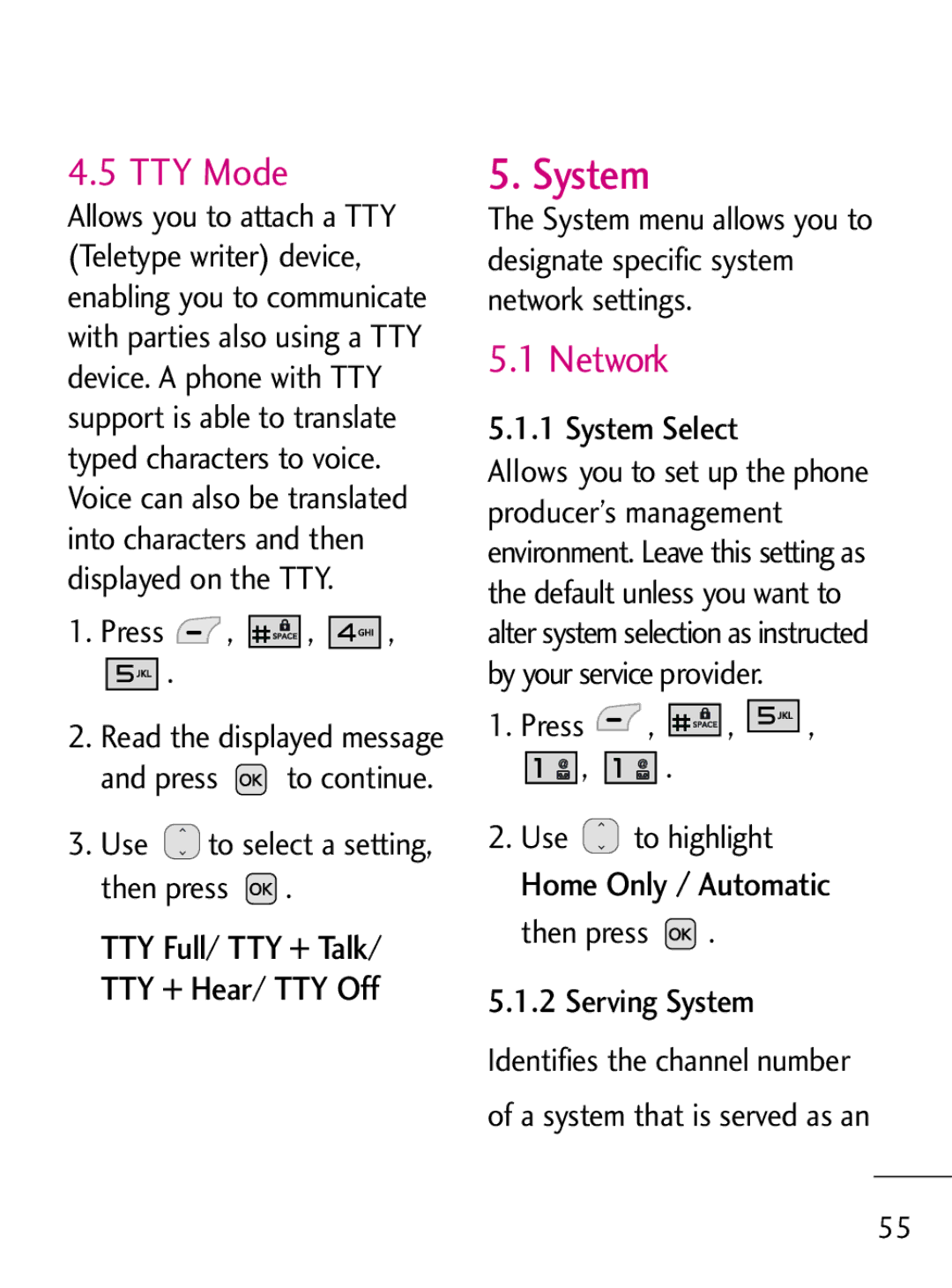 LG Electronics 221C manual System, TTY Mode, Network, Home Only / Automatic 