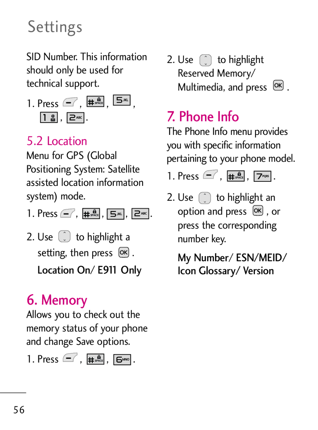 LG Electronics 221C manual Memory, Phone Info, Location On/ E911 Only 