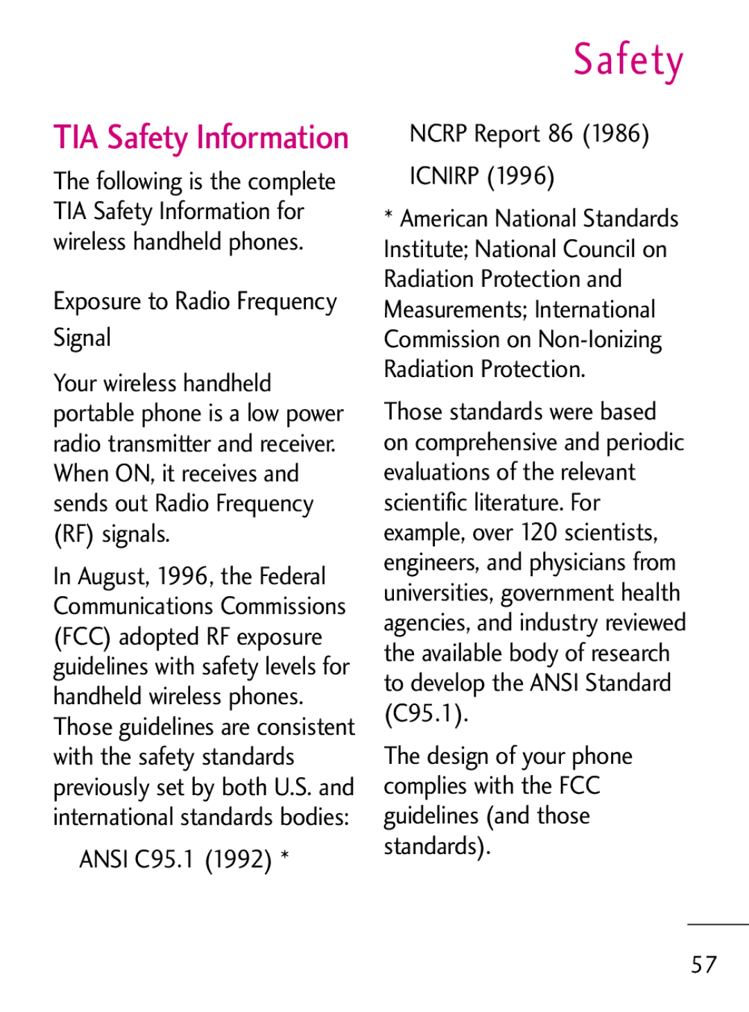 LG Electronics 221C manual Safety, Exposure to Radio Frequency Signal, Ansi C95.1, Ncrp Report 86 Icnirp 