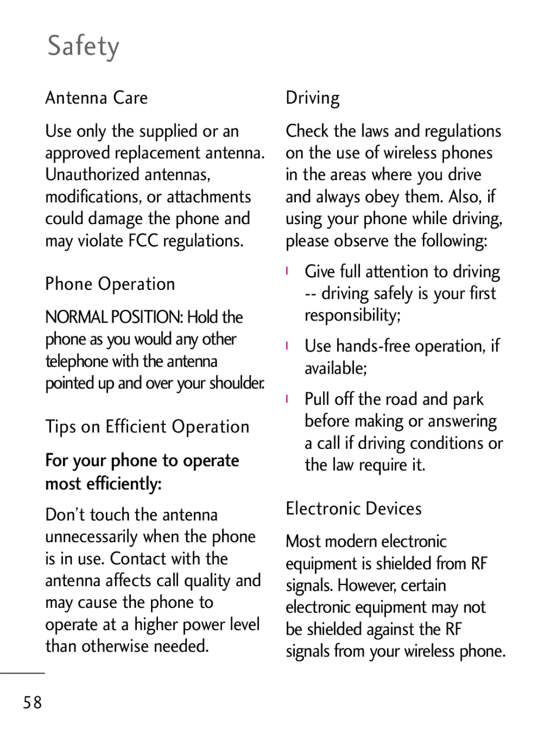 LG Electronics 221C manual Safety, Antenna Care, Phone Operation, Driving, Electronic Devices 