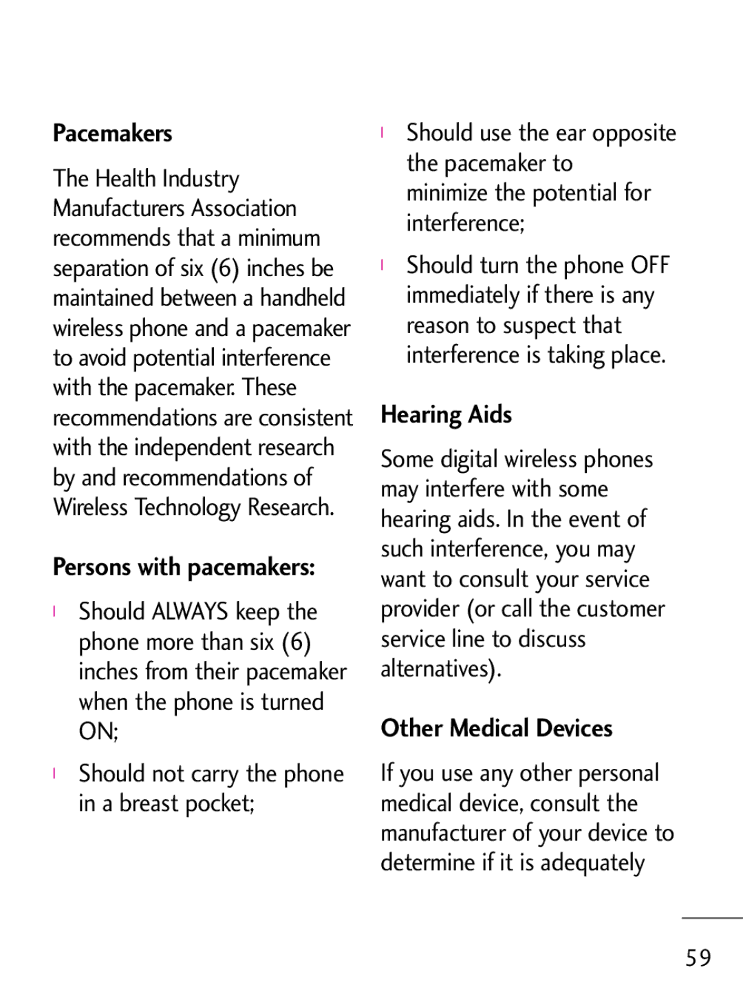 LG Electronics 221C manual Pacemakers, Hearing Aids, Other Medical Devices 