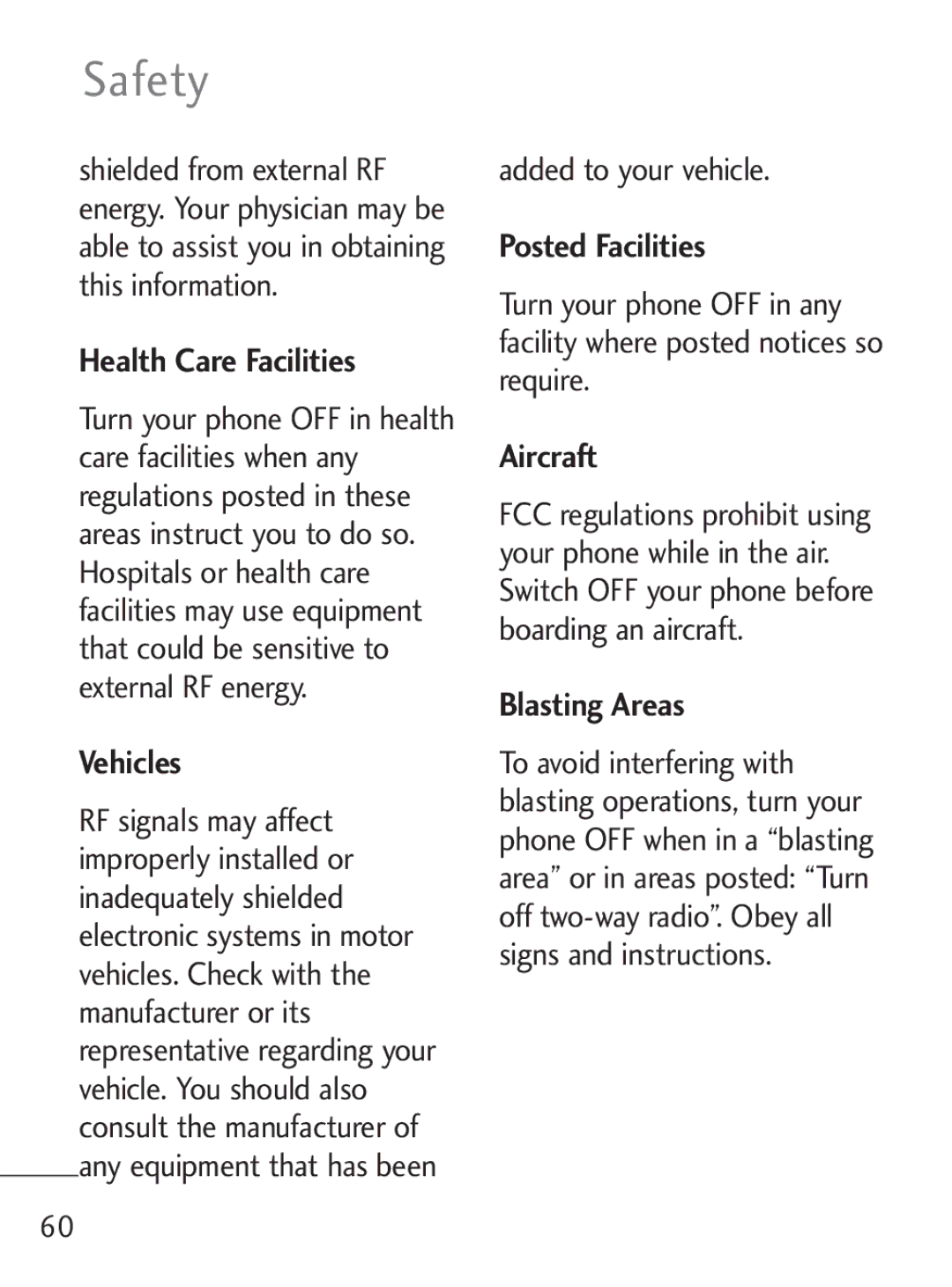 LG Electronics 221C manual Health Care Facilities, Vehicles, Posted Facilities, Aircraft, Blasting Areas 