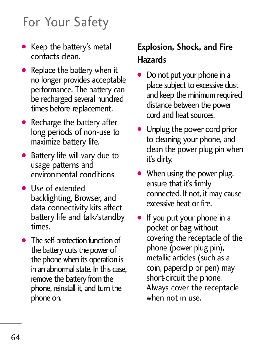 LG Electronics 221C manual For Your Safety, Explosion, Shock, and Fire Hazards 