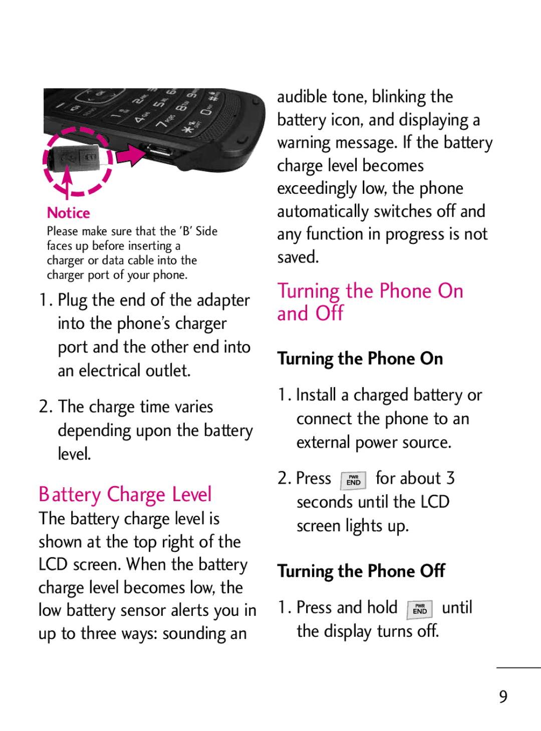 LG Electronics 221C manual Battery Charge Level, Turning the Phone On and Off, Turning the Phone Off 