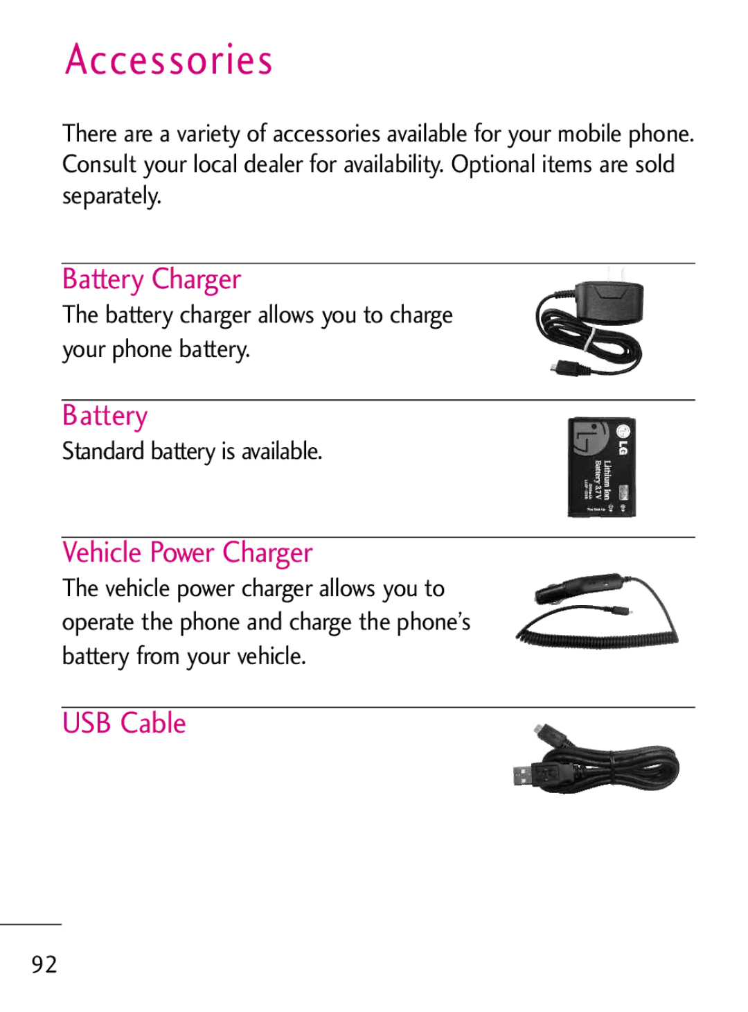 LG Electronics 221C manual Accessories, Battery Charger, Vehicle Power Charger, USB Cable 