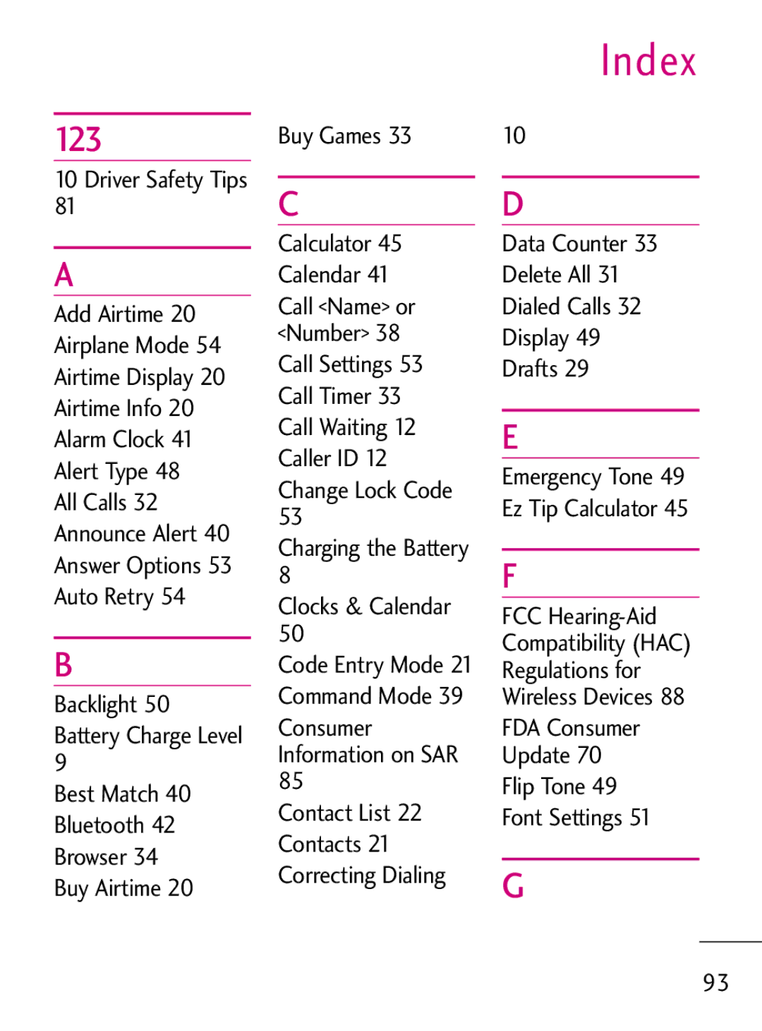 LG Electronics 221C manual Index, 123, Data Counter Delete All Dialed Calls Display Drafts 