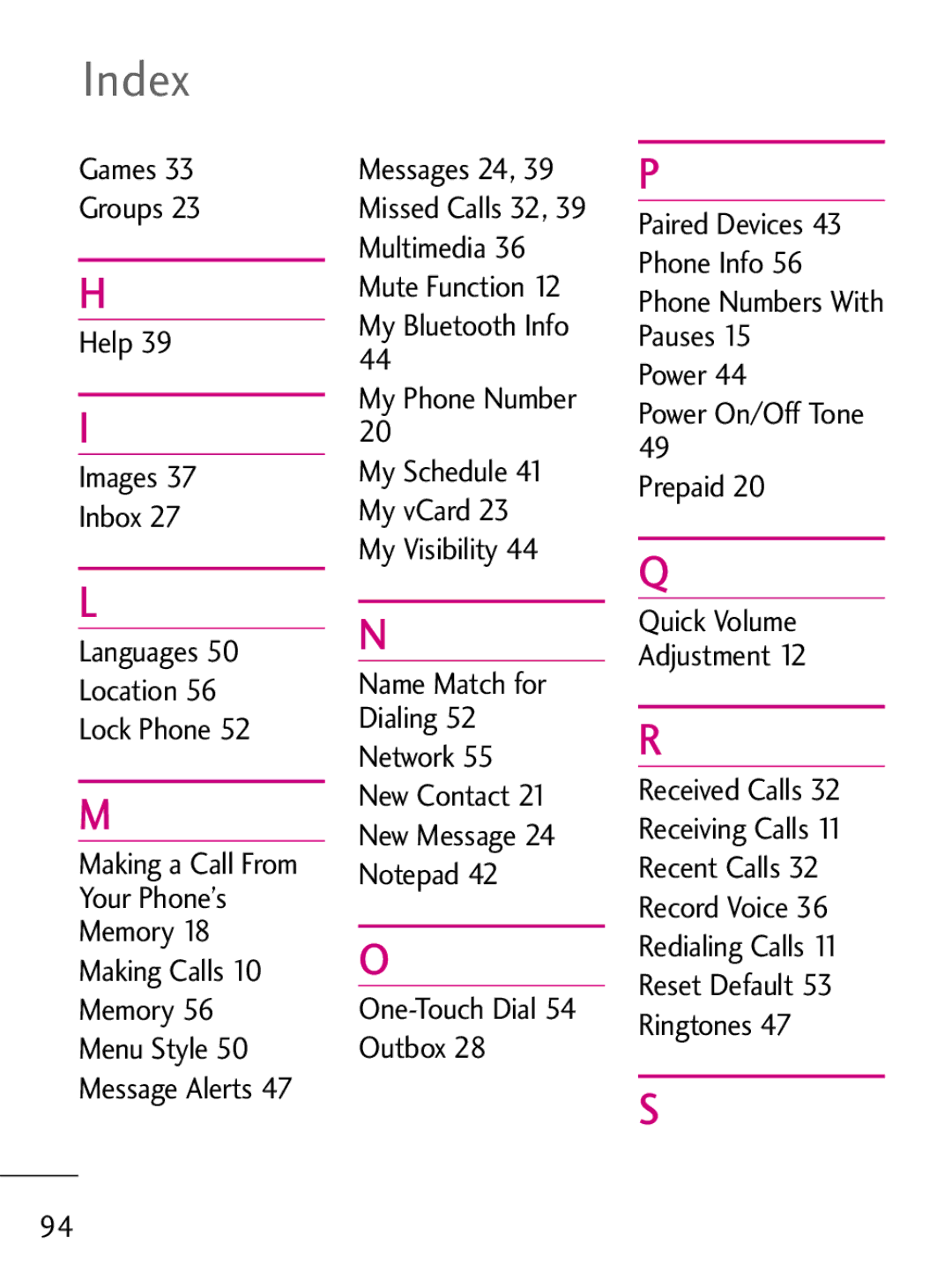 LG Electronics 221C manual Index, My Phone Number 