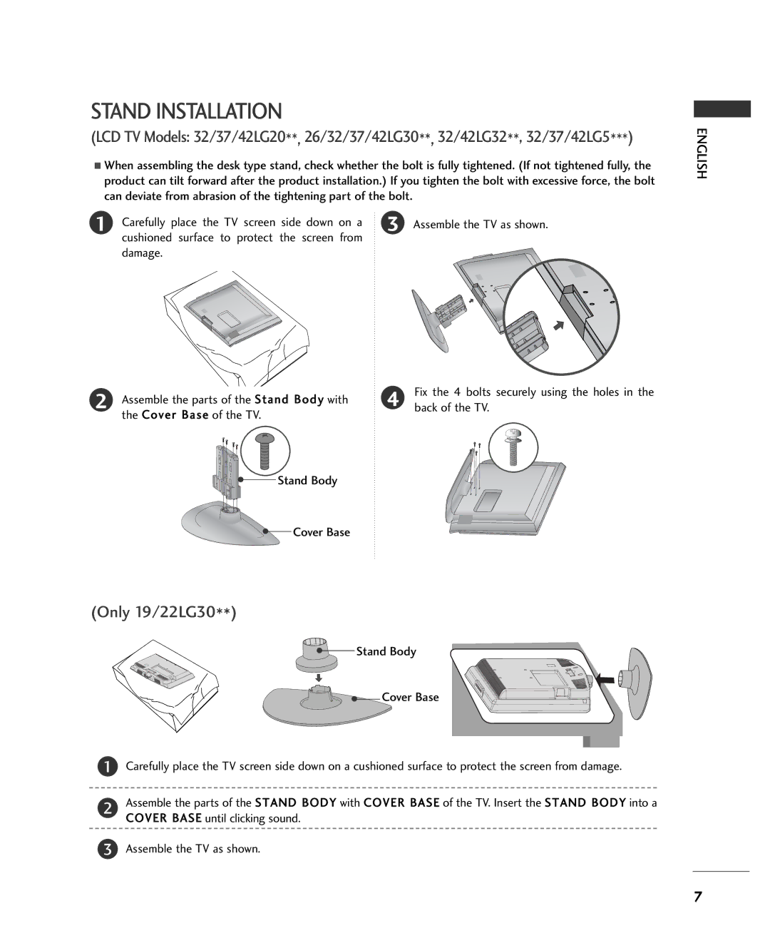 LG Electronics 1199LLSS44DD**, 2222LLSS44DD** Stand Installation, Cushioned surface to protect the screen from Damage 