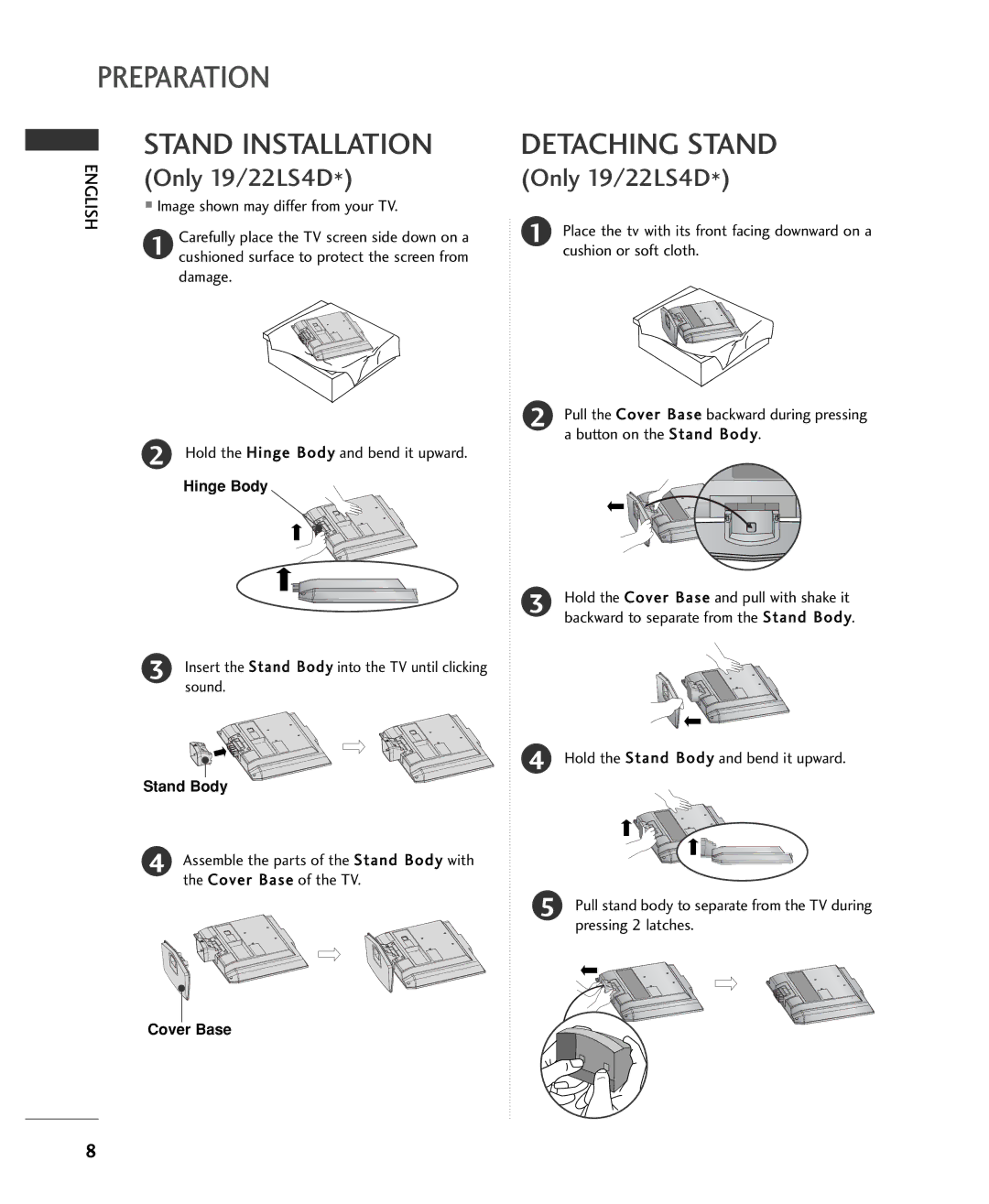 LG Electronics 2222LLSS44DD**, 1199LLSS44DD** owner manual Detaching Stand, Cushioned surface to protect the screen from 