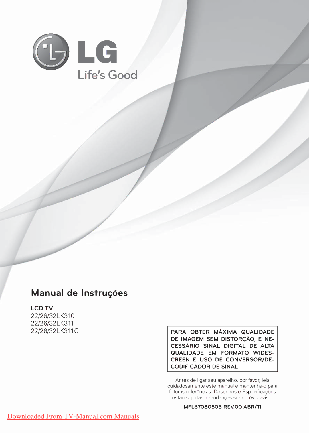 LG Electronics 22/26/32LK310, 22/26/32LK311C manual Manual de Instruções, MFL67080503 REV.00 ABR/11 