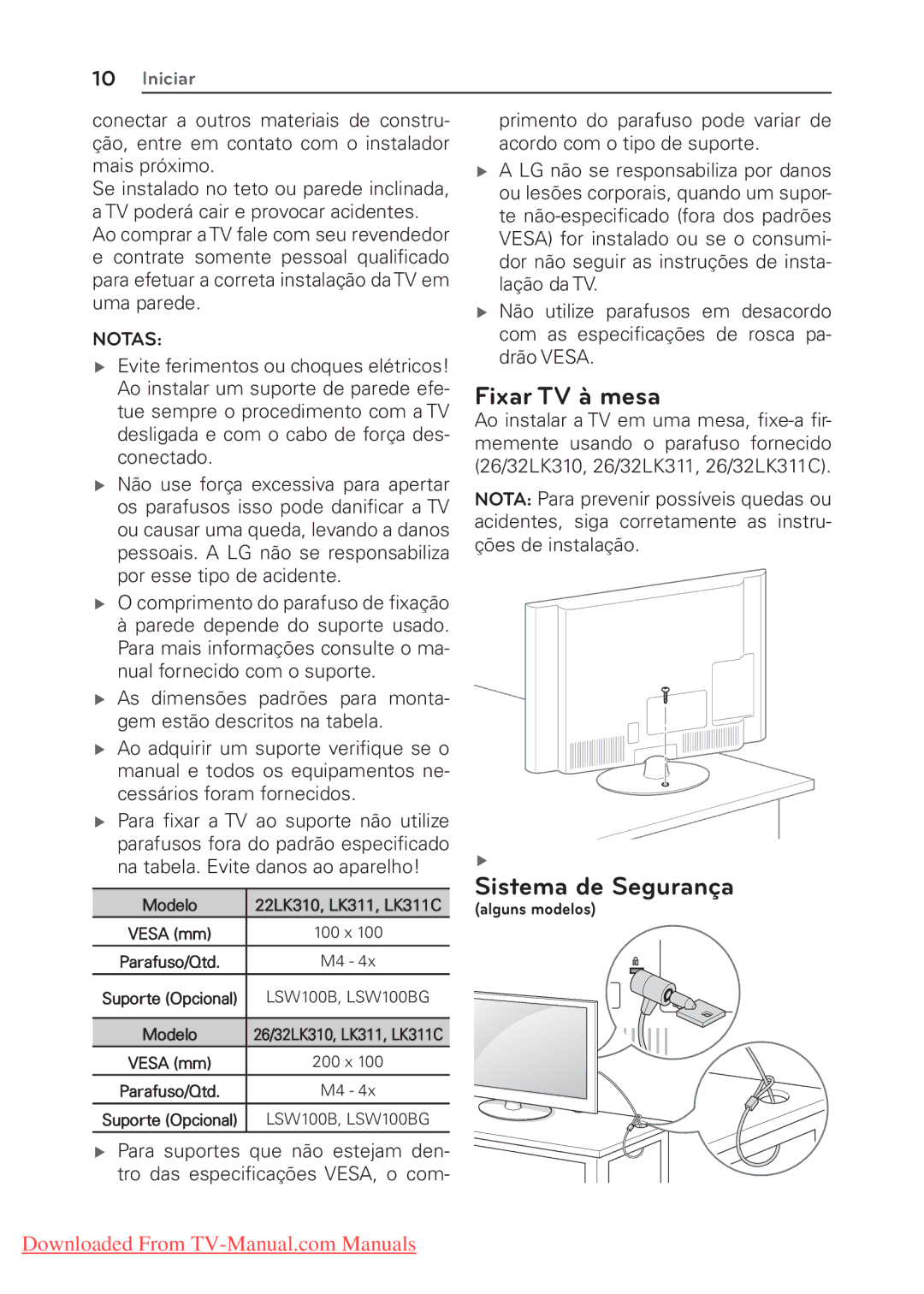 LG Electronics 22/26/32LK310, 22/26/32LK311C manual Fixar TV à mesa, Sistema de Segurança, Modelo, 100 x, 200 x 