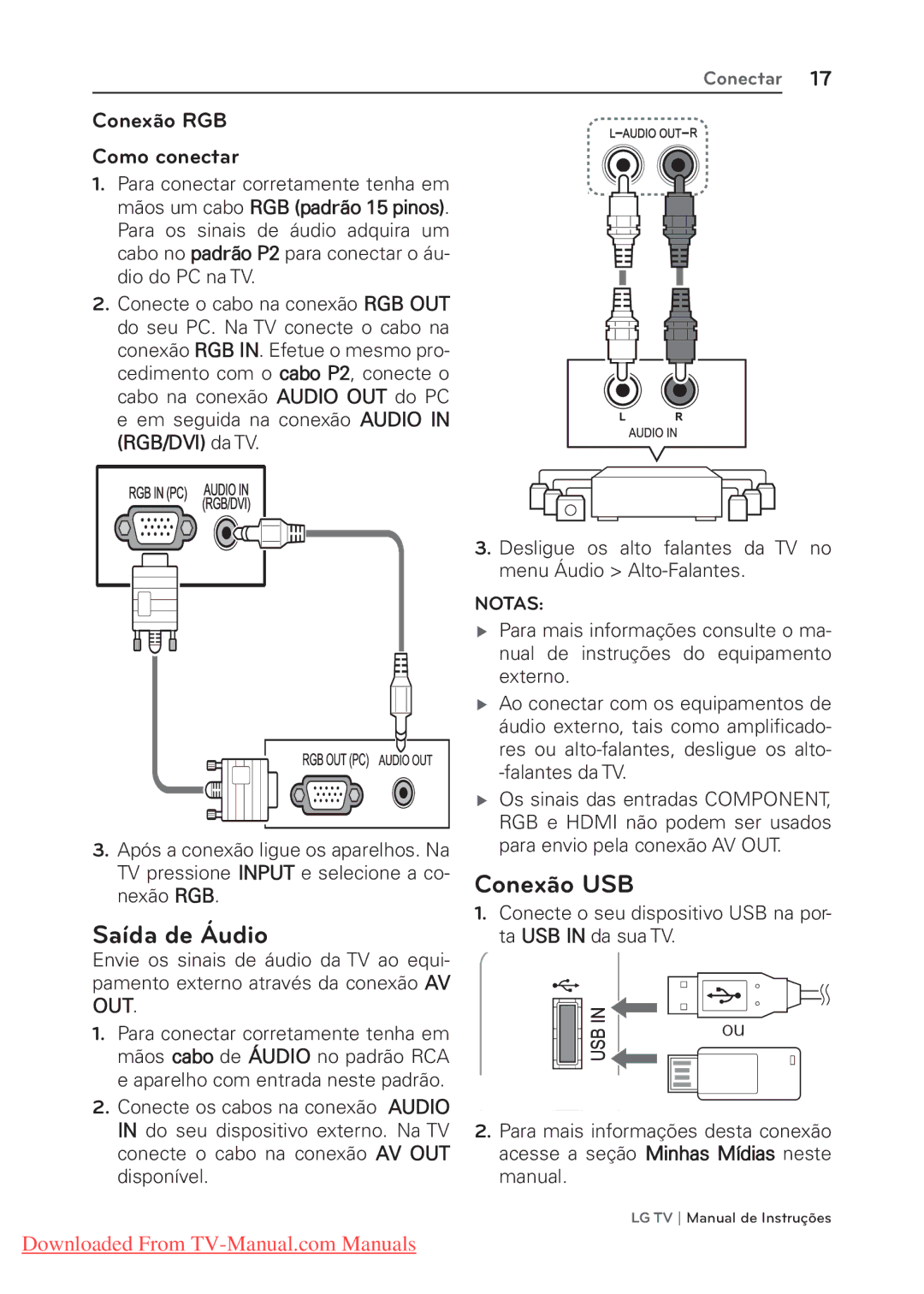 LG Electronics 22/26/32LK311C, 22/26/32LK310 manual Saída de Áudio, Conexão USB, Conexão RGB Como conectar 