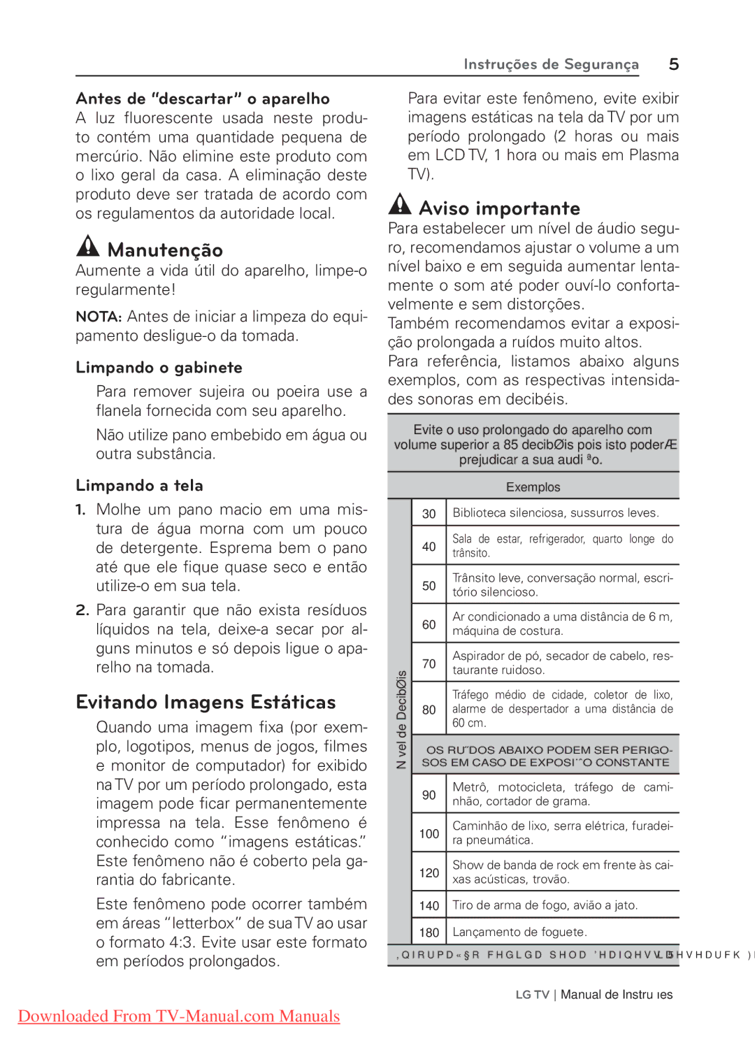 LG Electronics 22/26/32LK311C, 22/26/32LK310 manual Manutenção, Evitando Imagens Estáticas, Aviso importante 