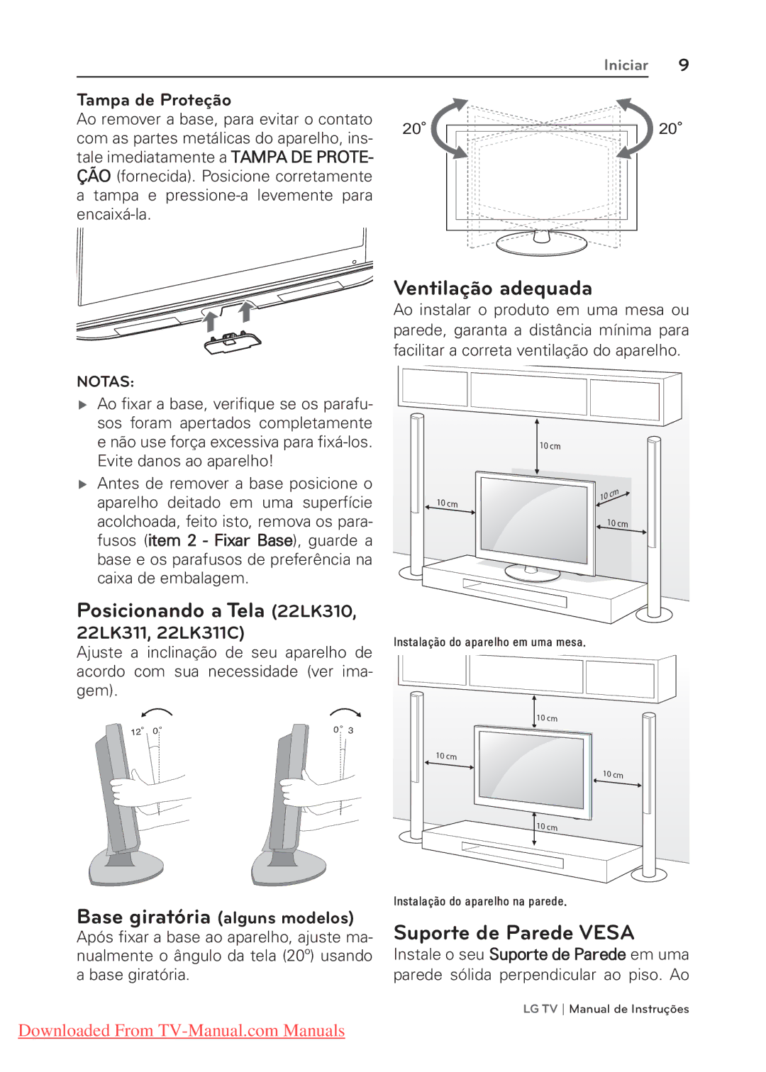 LG Electronics 22/26/32LK311 Posicionando a Tela 22LK310, Ventilação adequada, Suporte de Parede Vesa, 22LK311, 22LK311C 